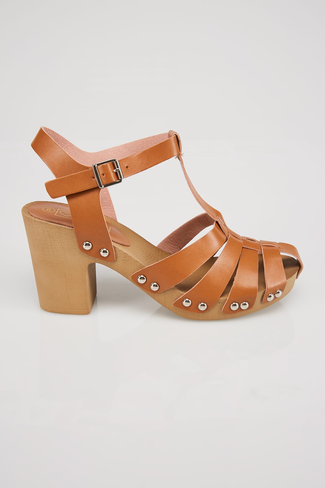 Tan Strap Block Heel Sandal With Wooden Effect Sole In E Fit Size 4,5,6 ...