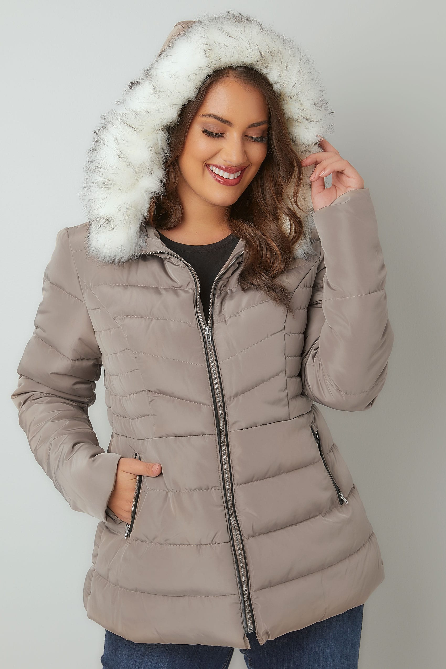 Taupe Padded Puffer Coat With Hood & Faux Fur Trim, Plus size 16 to 36