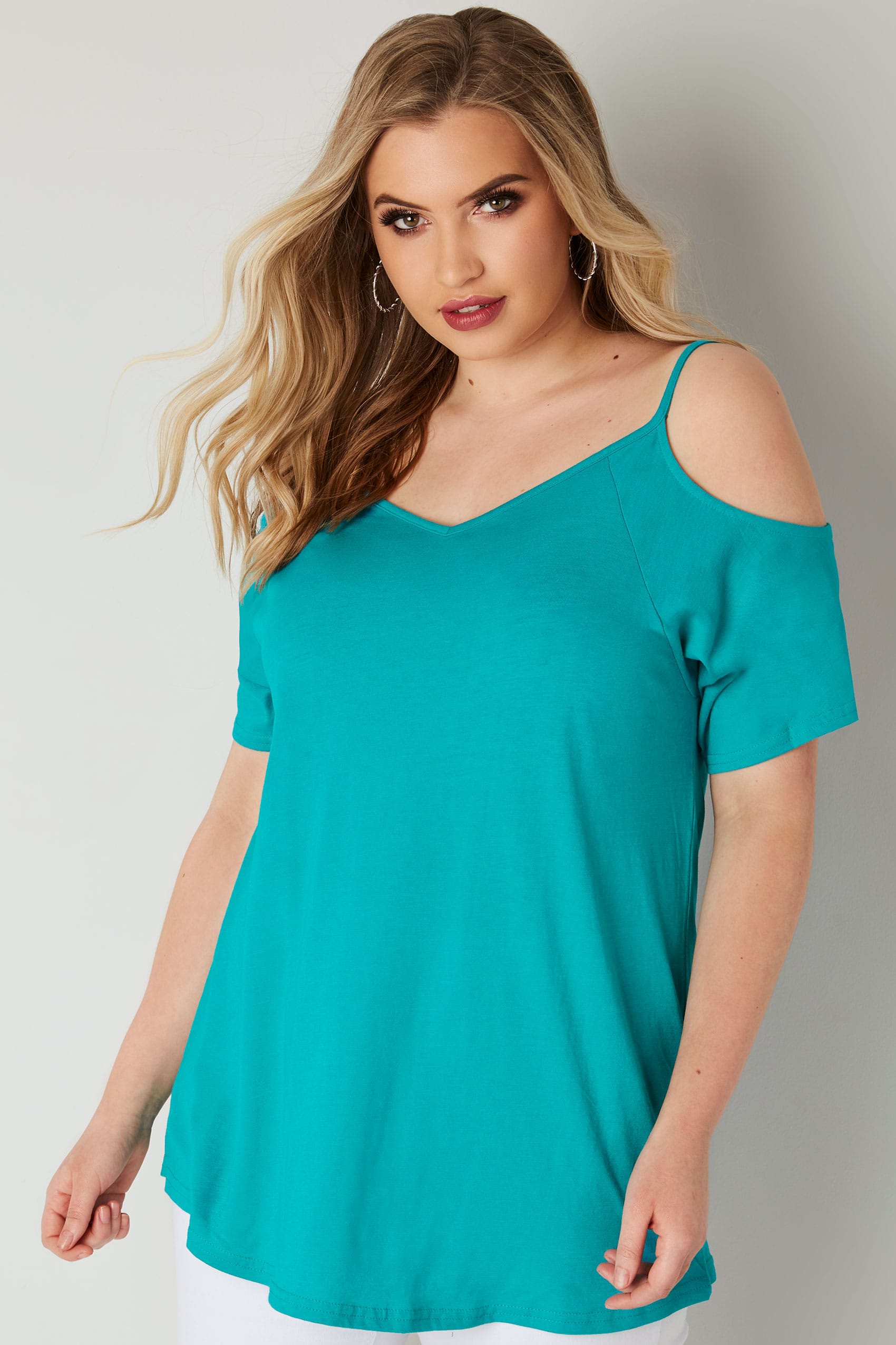 Teal Blue Cold Shoulder Jersey Top, plus size 16 to 36
