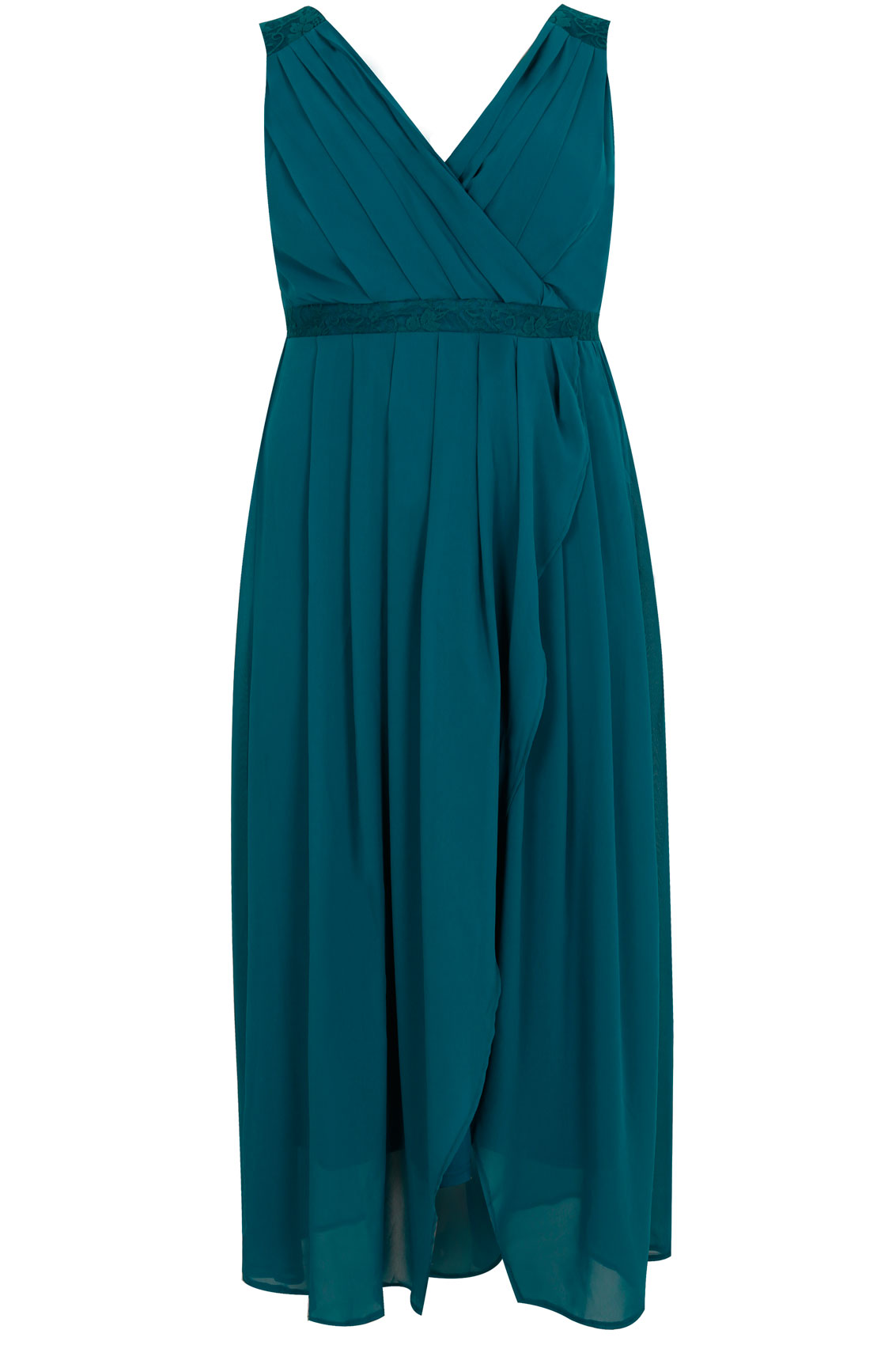 Teal Ruched Chiffon Maxi Wrap Dress With Lace Detail, Plus size 16 to 36