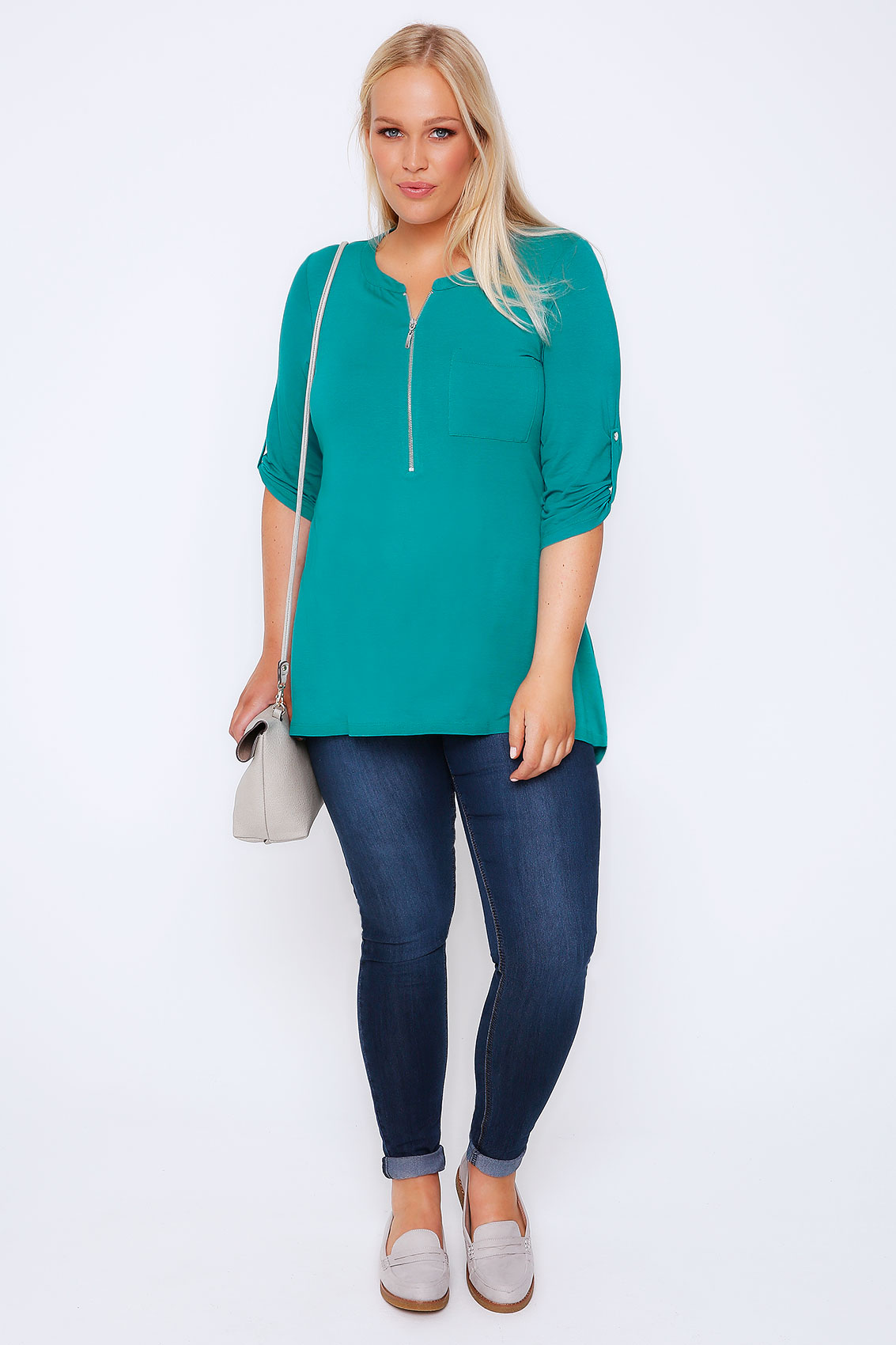 Teal Zip Front Jersey Top With 3/4 Length Sleeves Plus Size 16 to 32