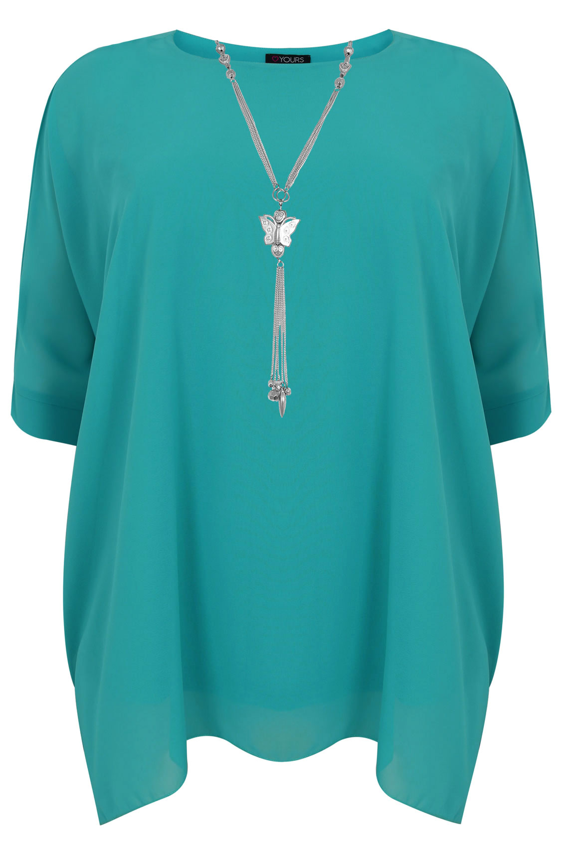Turquoise Batwing Sleeve Chiffon Top With Necklace Plus Size 14 to 32