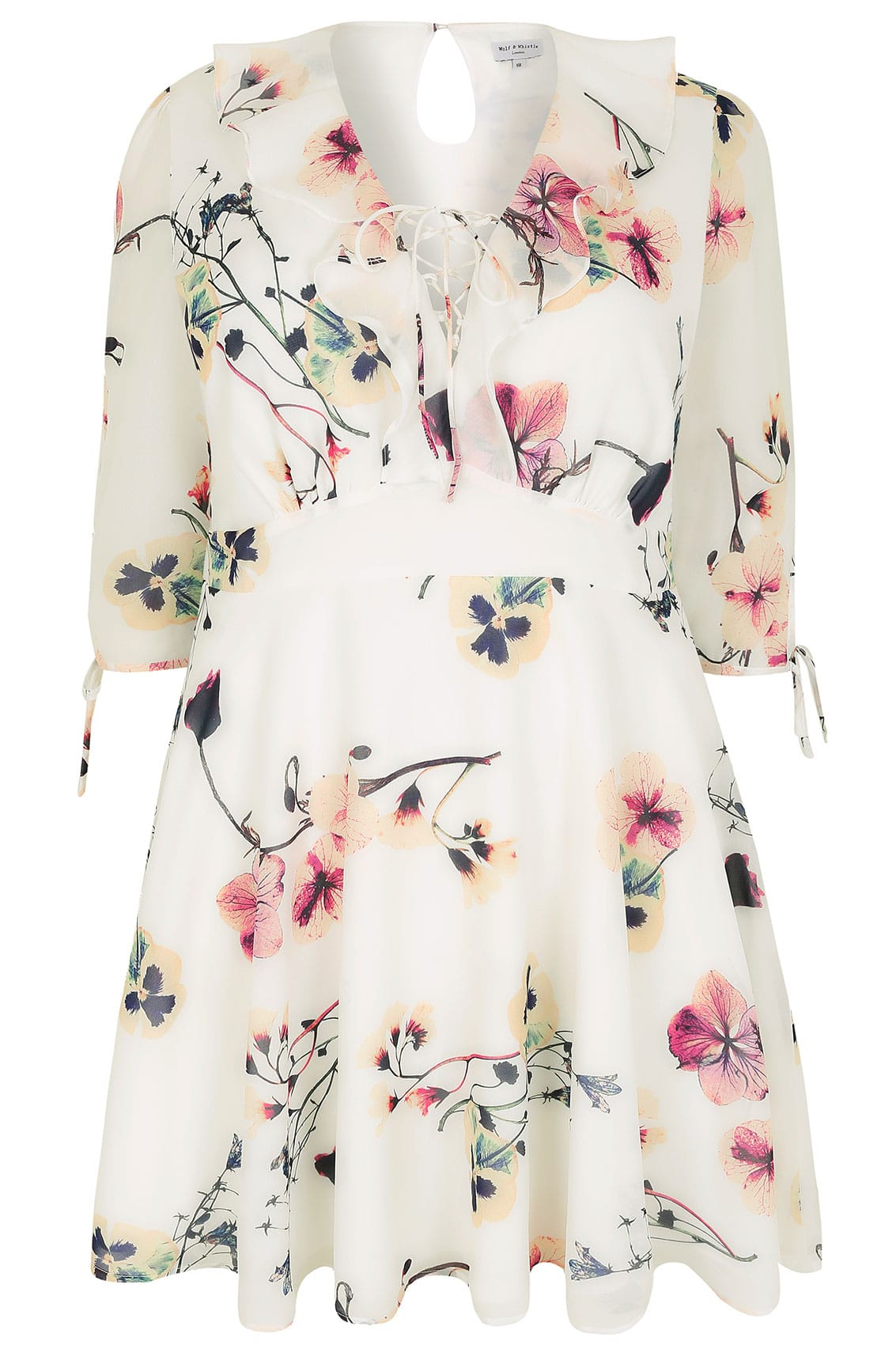 WOLF & WHISTLE Ivory Floral Print Tea Dress With Ruffle Lace Up ...