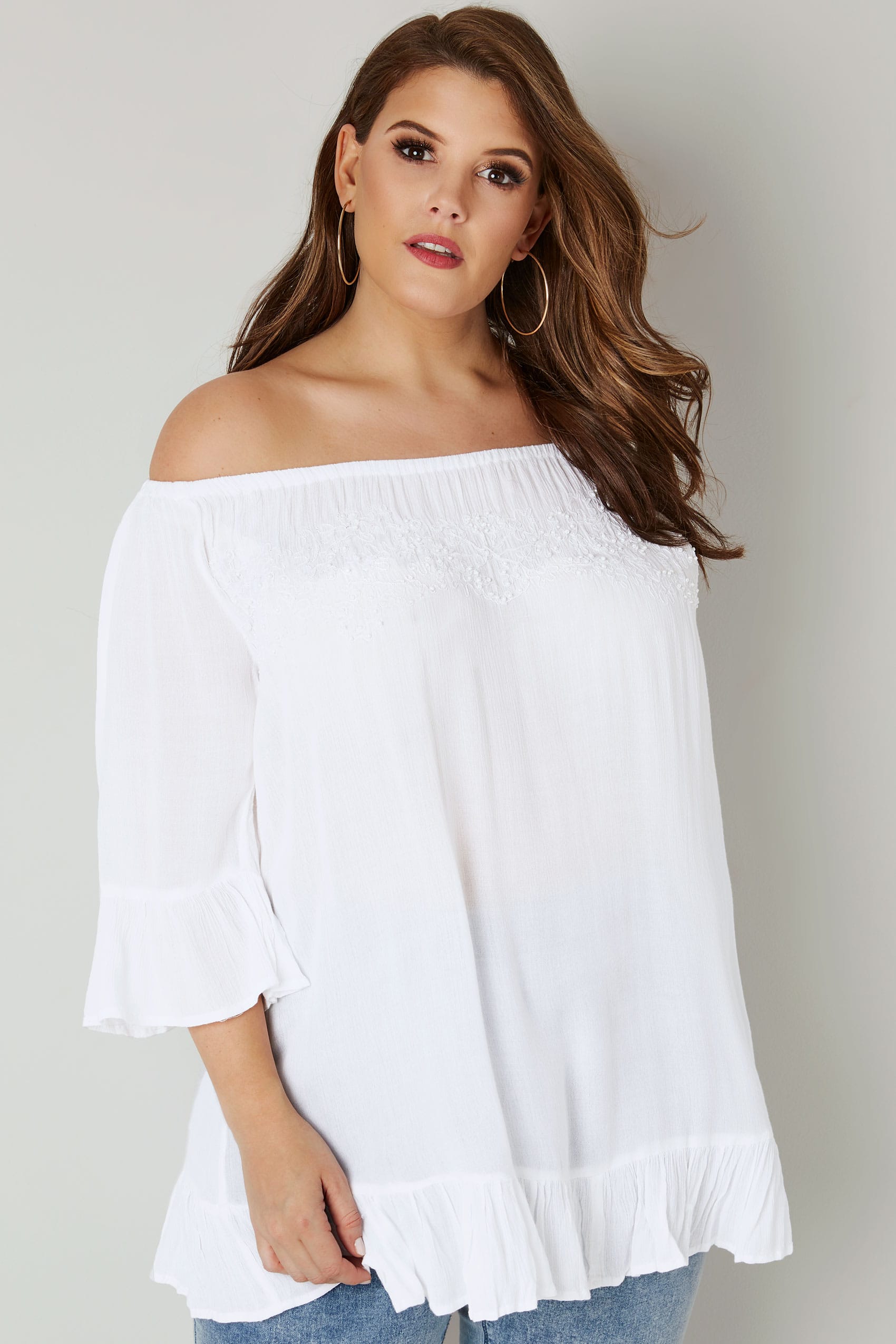 White Bardot Gypsy Top With Beaded Details & Flute Sleeves, Plus size 16 to 36