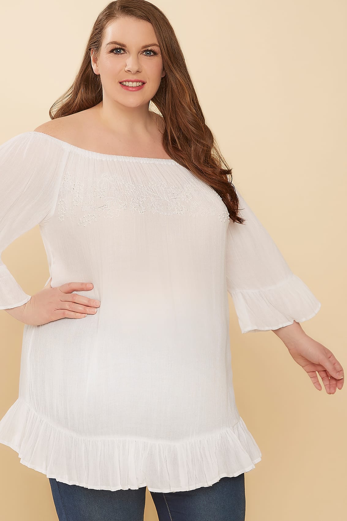 White Bardot Gypsy Top With Beaded Details And Flute Sleeves Plus Size 16 To 36