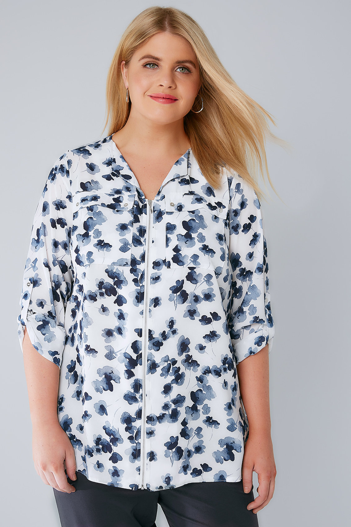 White & Blue Floral Zip Front Blouse With Roll Up Sleeves & Pockets ...