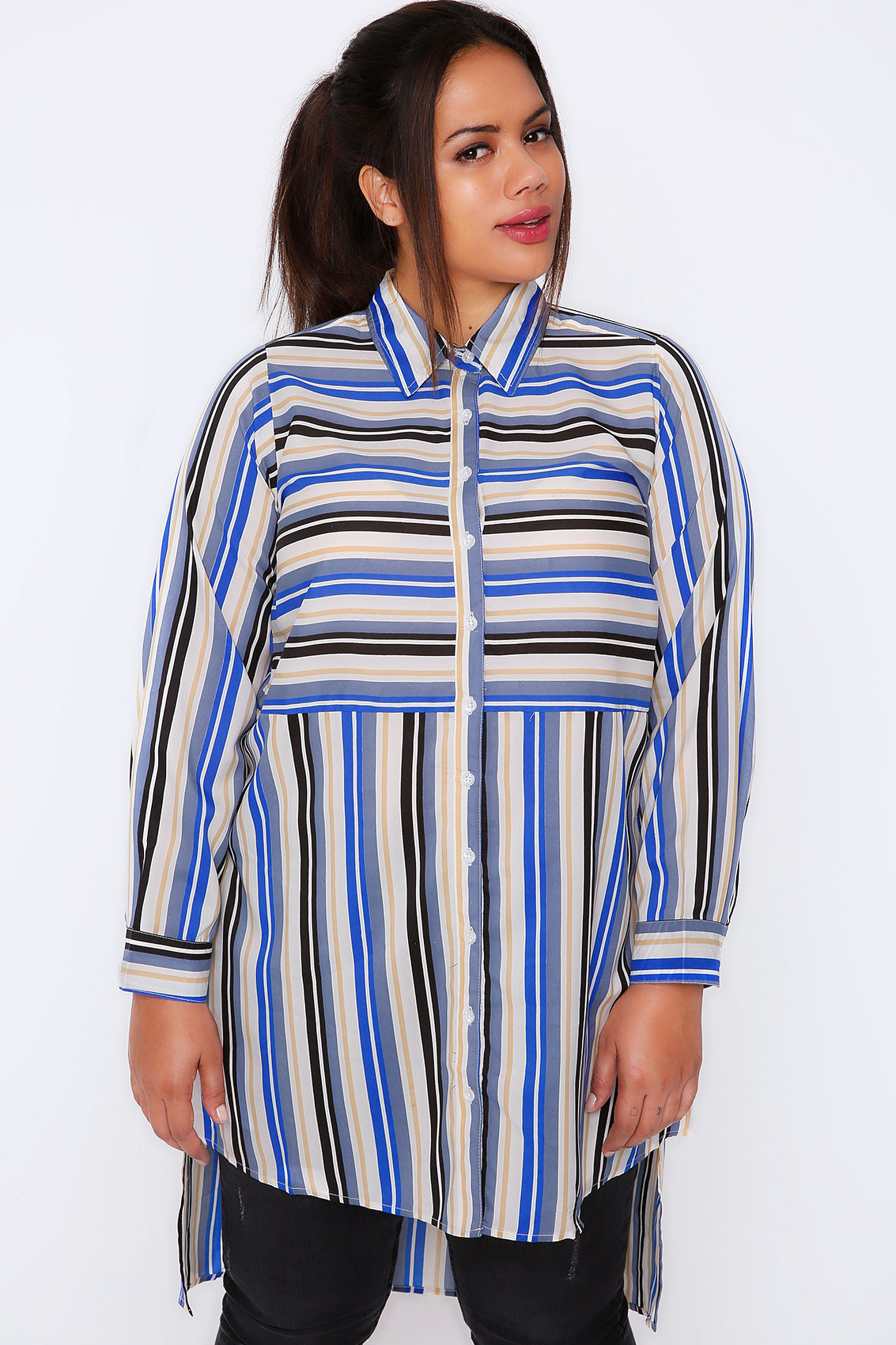 White, Blue & Yellow Striped Longline Shirt With Split Sides and Dipped ...