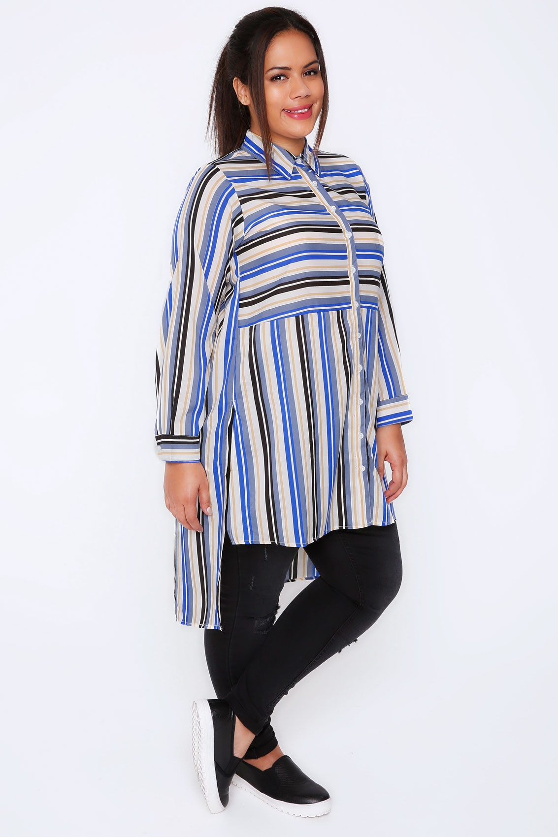 White, Blue & Yellow Striped Longline Shirt With Split Sides and Dipped ...
