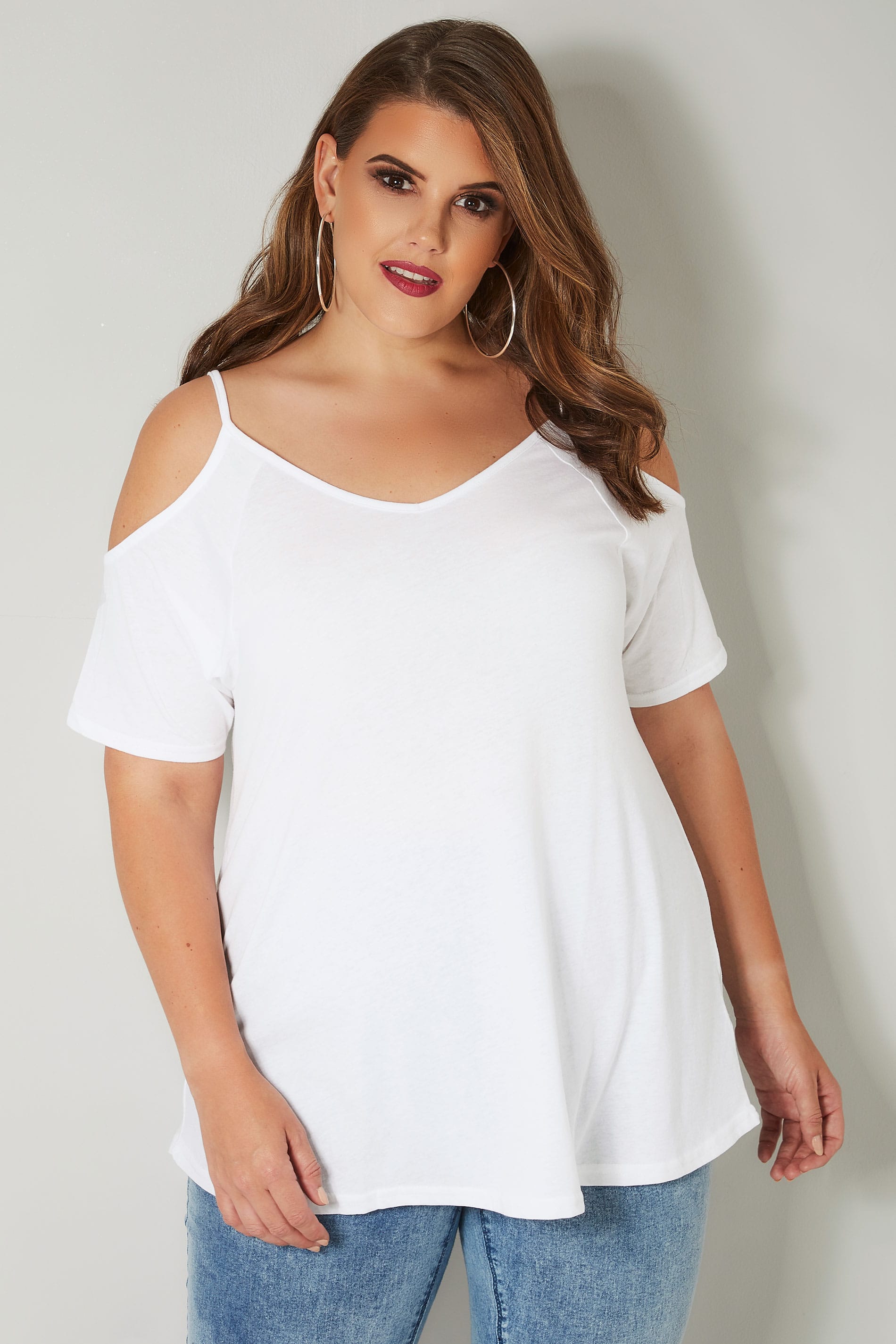 White Cold Shoulder Jersey Top, plus size 16 to 36