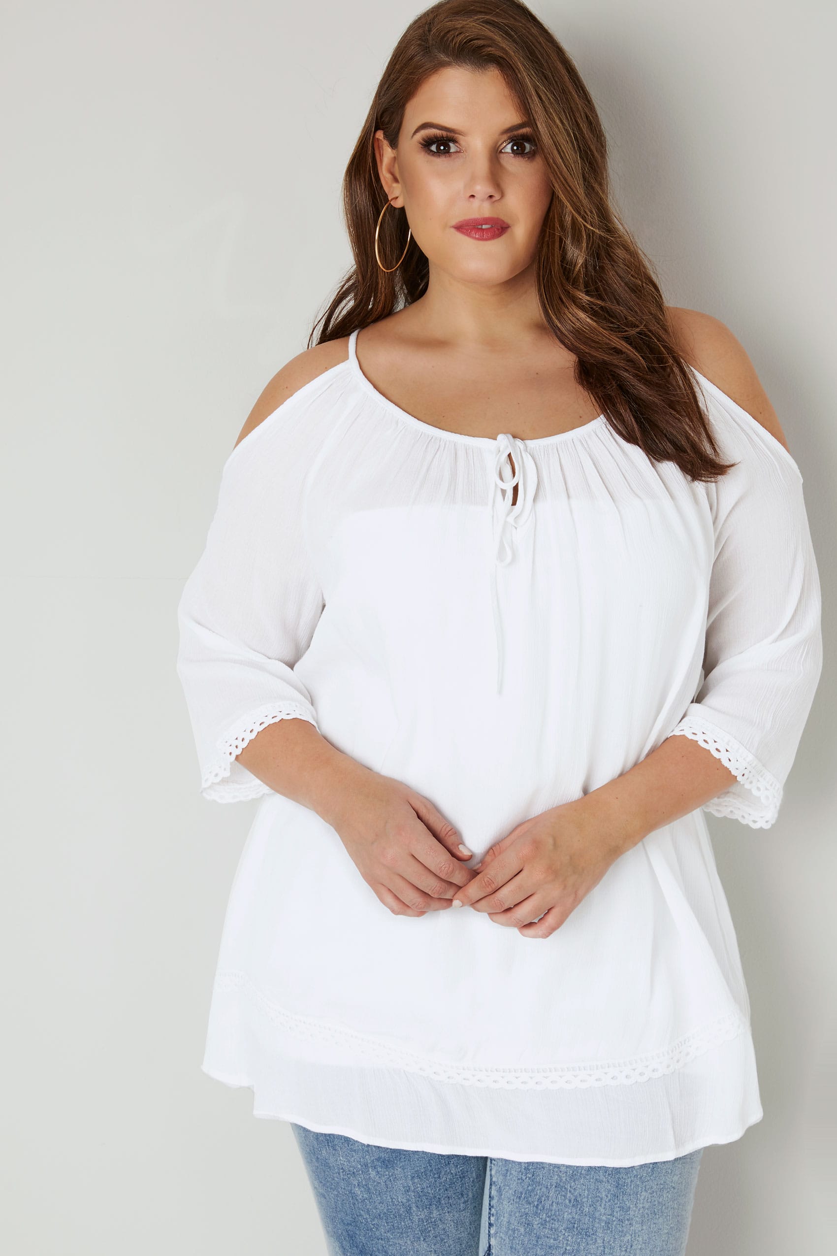 White Cold Shoulder Top With Lace Trim, Plus size 16 to 36