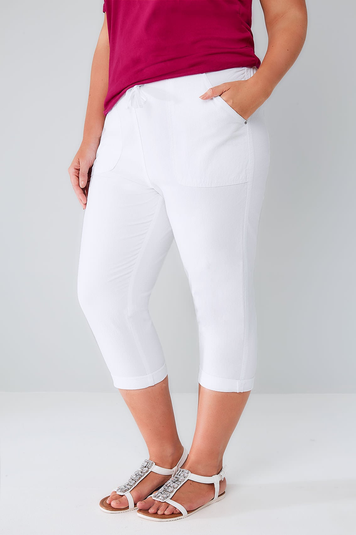 White Cool Cotton Pull On Tapered Cropped Trousers, Plus size 16 to 36