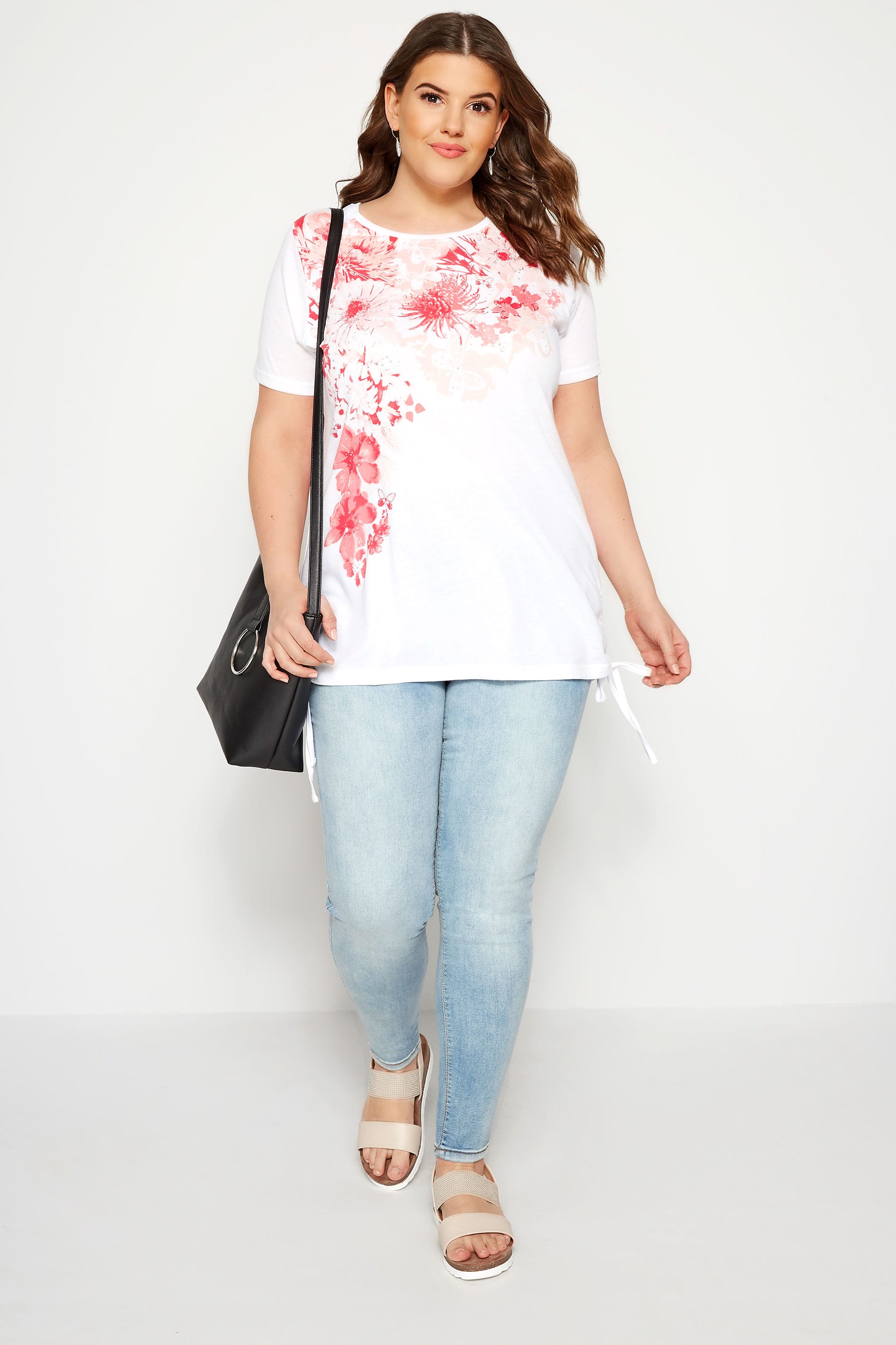 White & Coral Floral Diamante Drawstring T-Shirt | Sizes ...