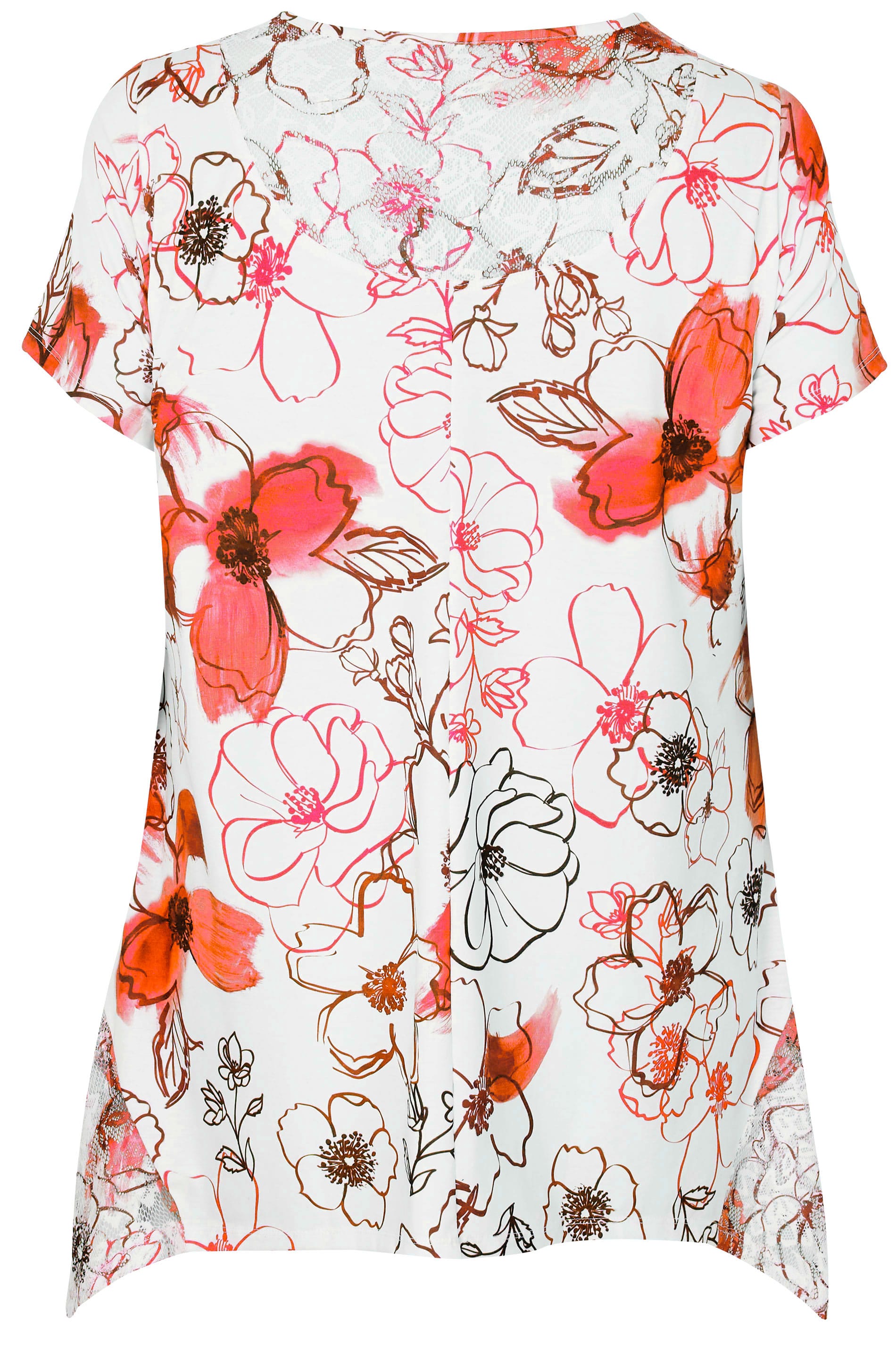 White & Coral Floral Print Lace Hanky Hem Top With Diamante ...