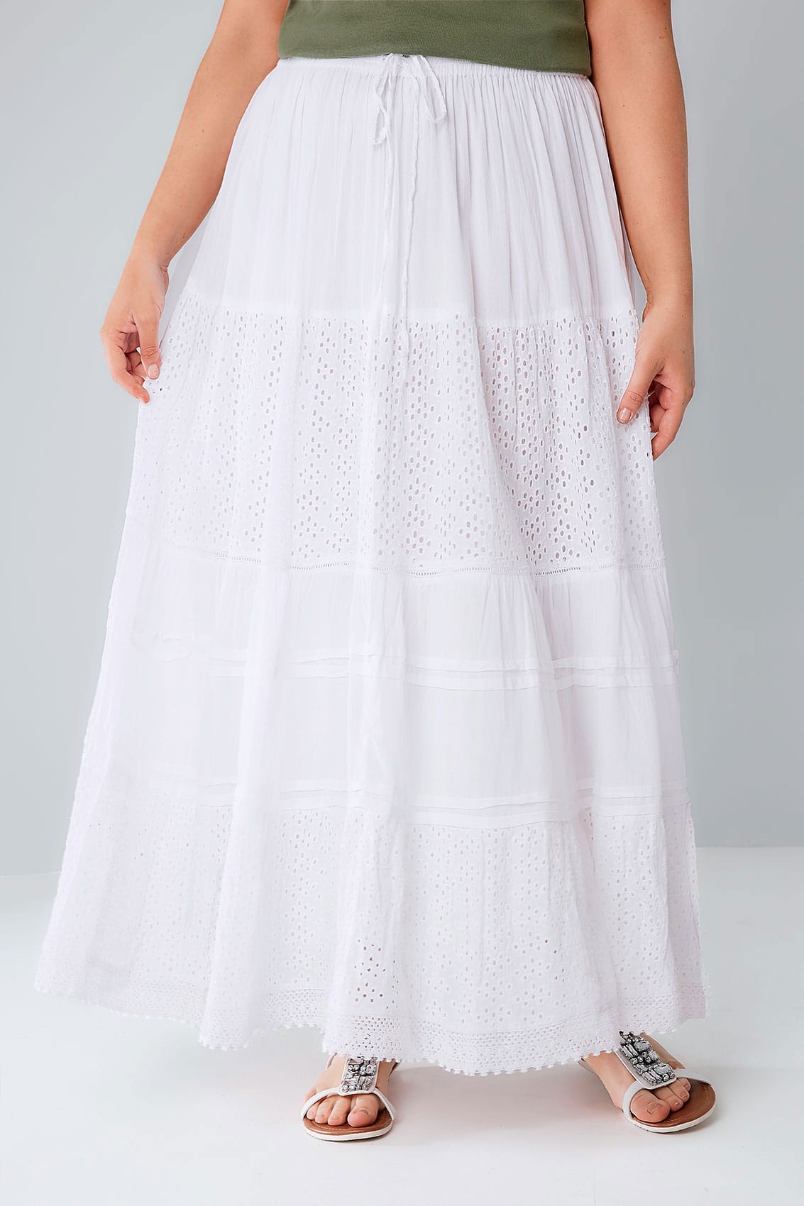 White Crinkle Cotton Tiered Maxi Skirt With Broderie Anglaise Plus size ...