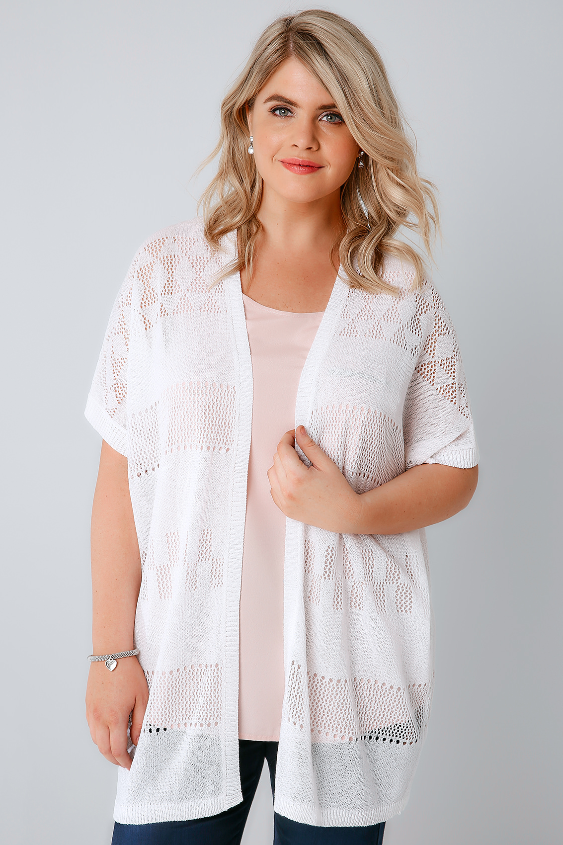 White Crochet Knit Cardigan With Short Sleeves, Plus size 16 to 36