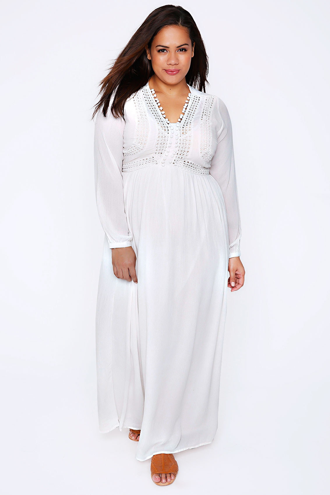 White Crochet Long Sleeve Maxi Dress With Pom Pom Detail Plus Size 16 To 32