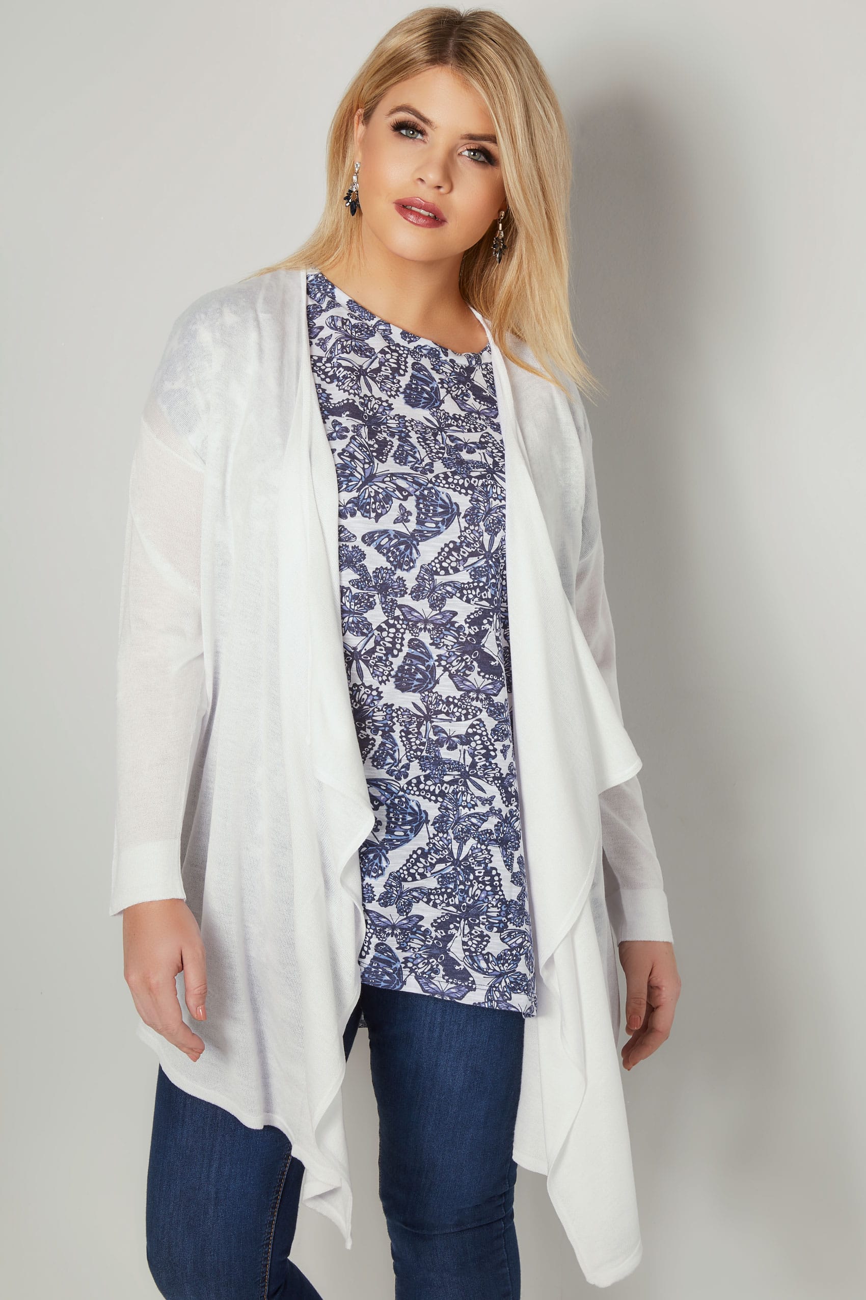 White Fine Knit Waterfall Cardigan, Plus size 16 to 36