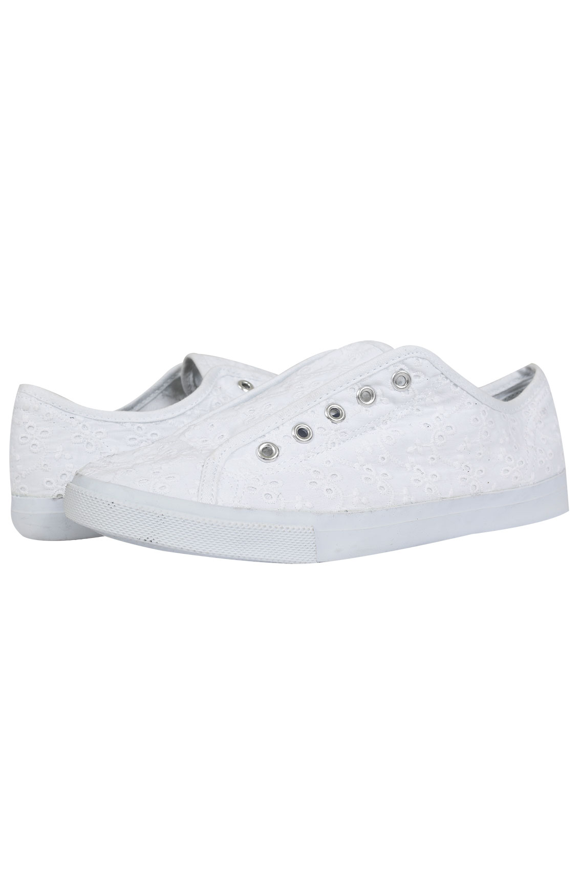 White Floral Embroidered Slip On Canvas Laceless Plimsolls In EEE Fit