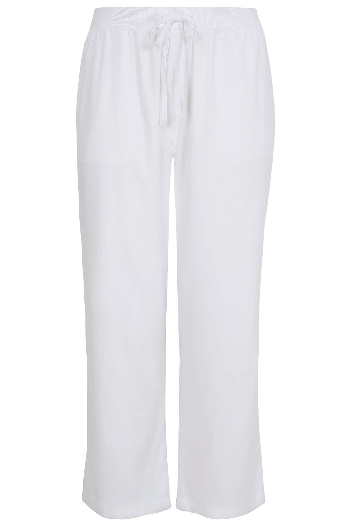 White Linen Mix Pull On Wide Leg Trousers With Pockets plus size 16 to 36