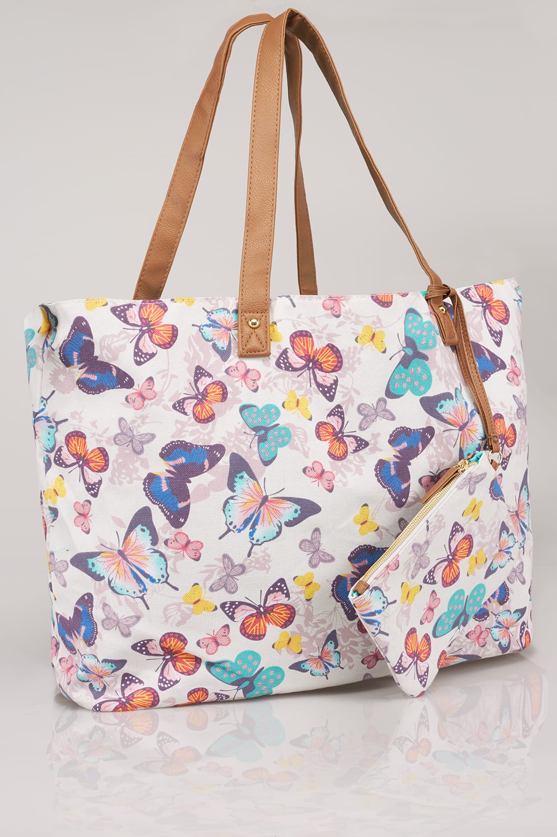White & Multi Butterfly Print Large Shopper Bag With Detachable Purse
