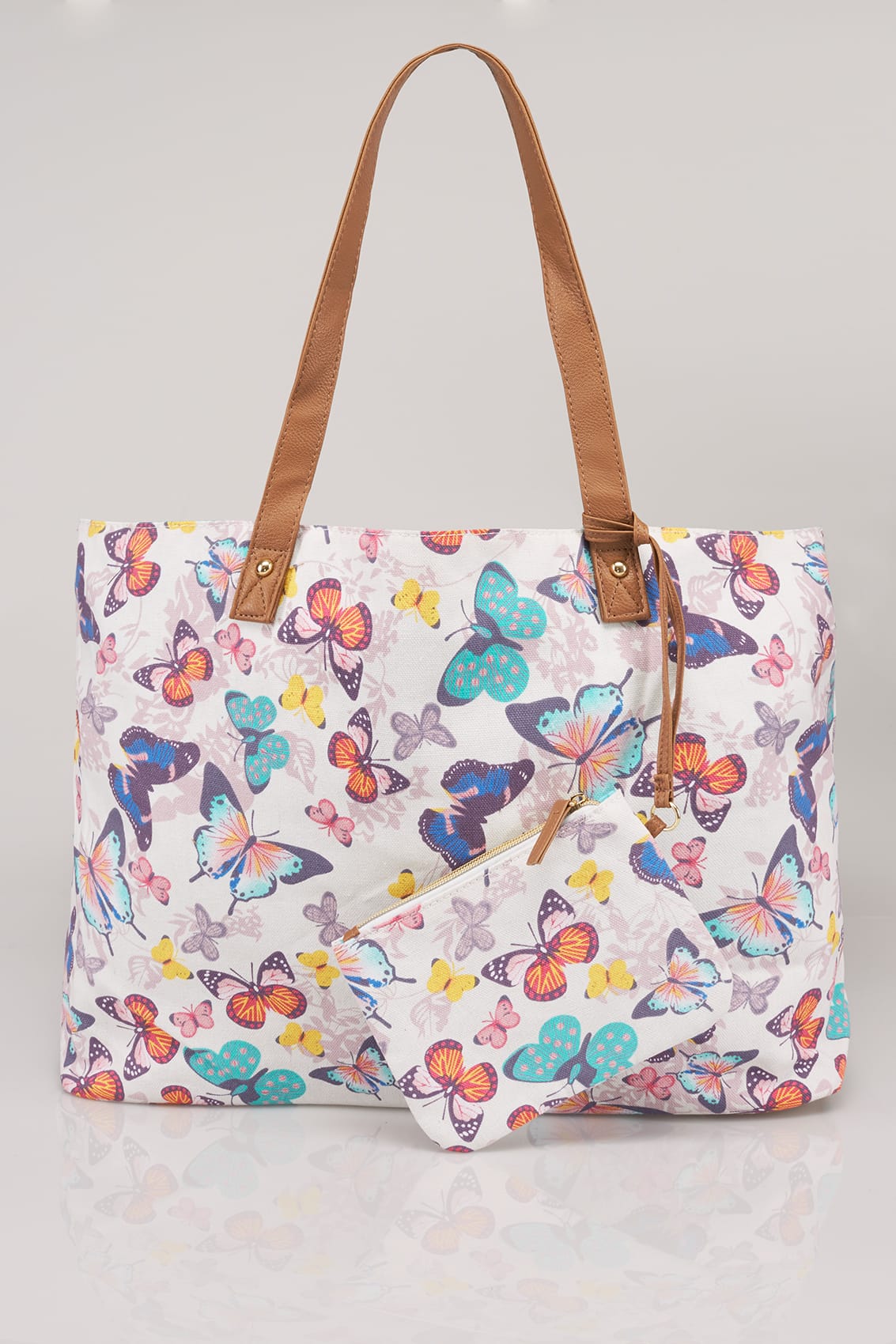 White & Multi Butterfly Print Large Shopper Bag With Detachable Purse