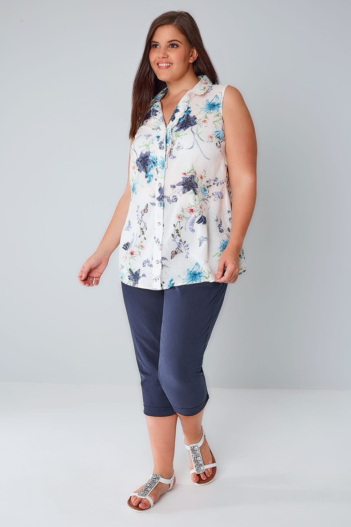 White And Multi Floral And Butterfly Print Sleeveless Blouse