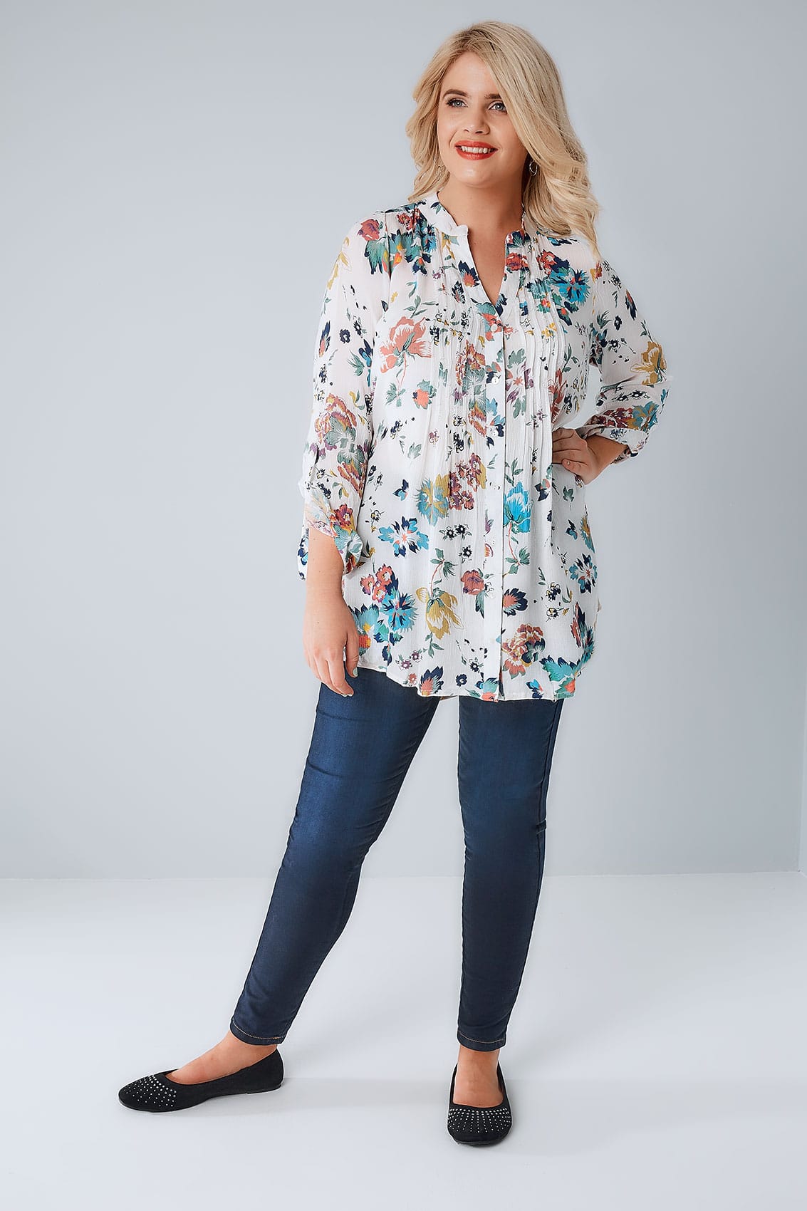 White & Multi Floral Pintuck Longline Blouse With Sequin Detail, Plus ...