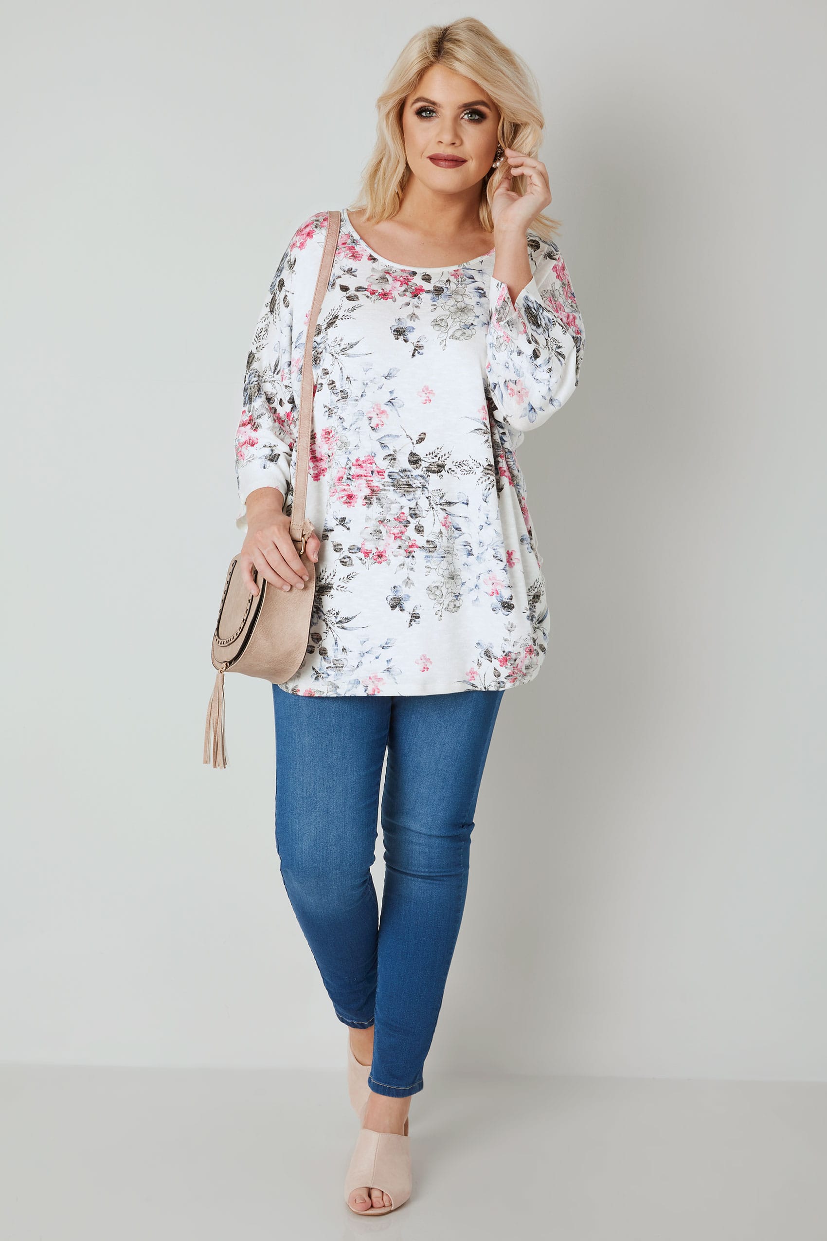 White & Multi Floral Print Top With Ruched Sides, plus size 16 to 36