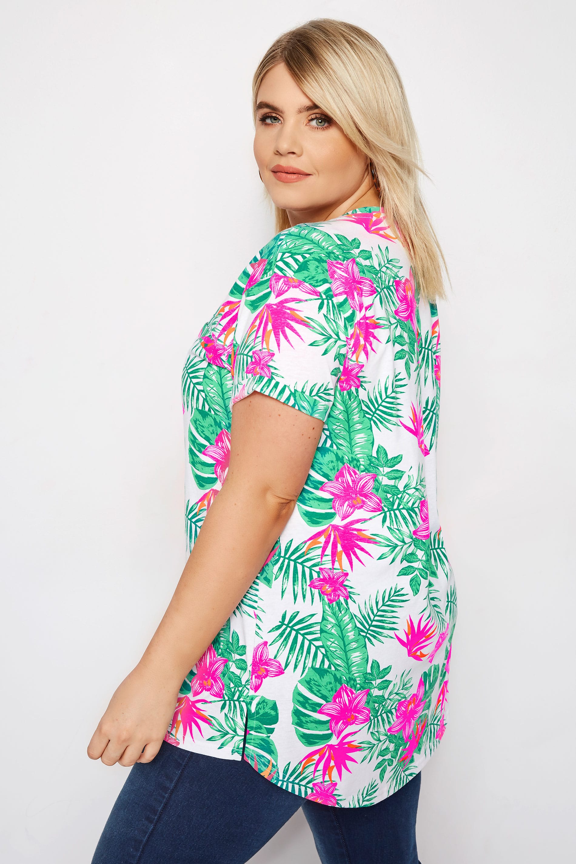 Plus Size White & Neon Pink Tropical Mock Pocket T-Shirt | Sizes 16 to 36 | Yours Clothing