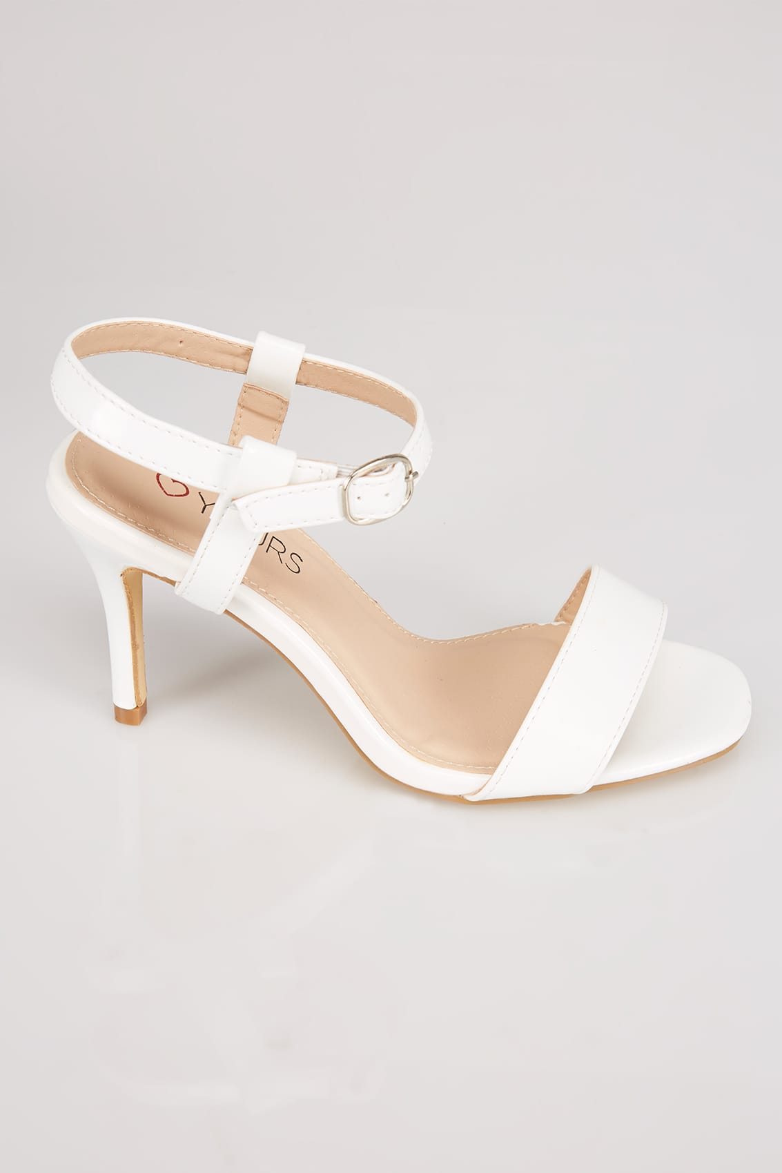 White Patent Square Toe Heeled Sandals With Ankle Strap In EEE Fit 4EEE ...