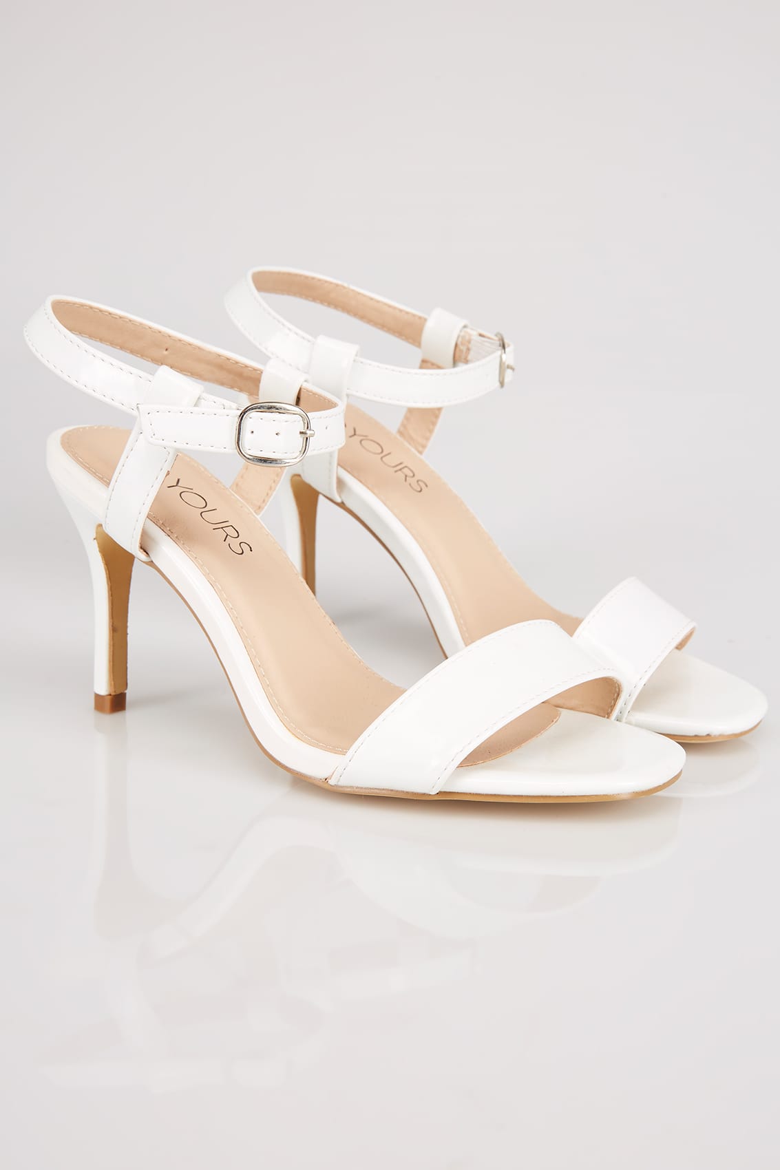 White Patent Square Toe Heeled Sandals With Ankle Strap In EEE Fit 4EEE ...