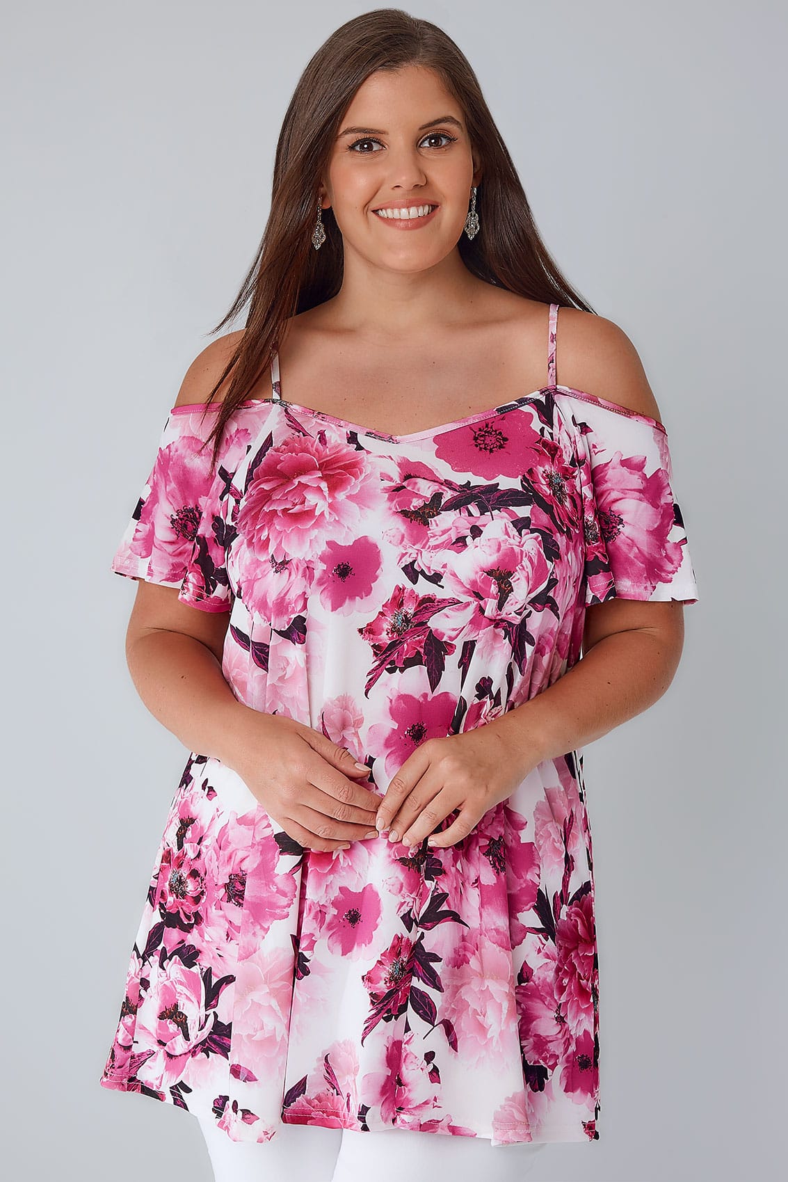 White And Pink Floral Cold Shoulder Jersey Cami Top Plus