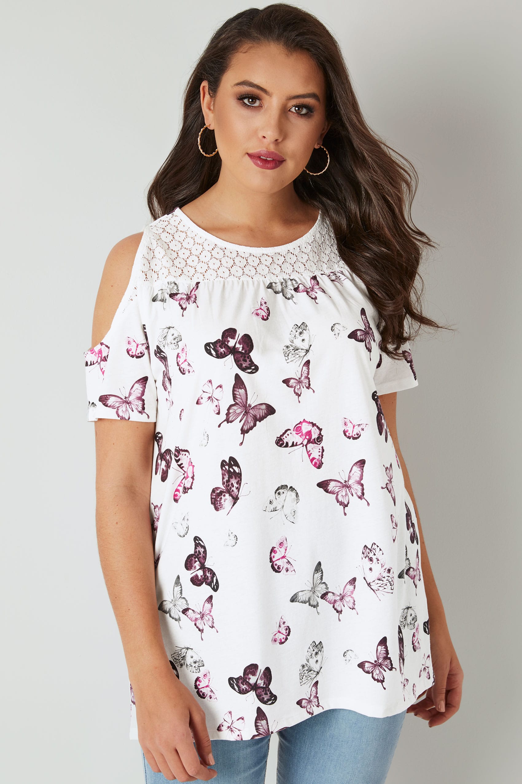 White & Purple Butterfly Print Cold Shoulder Top With Lace 
