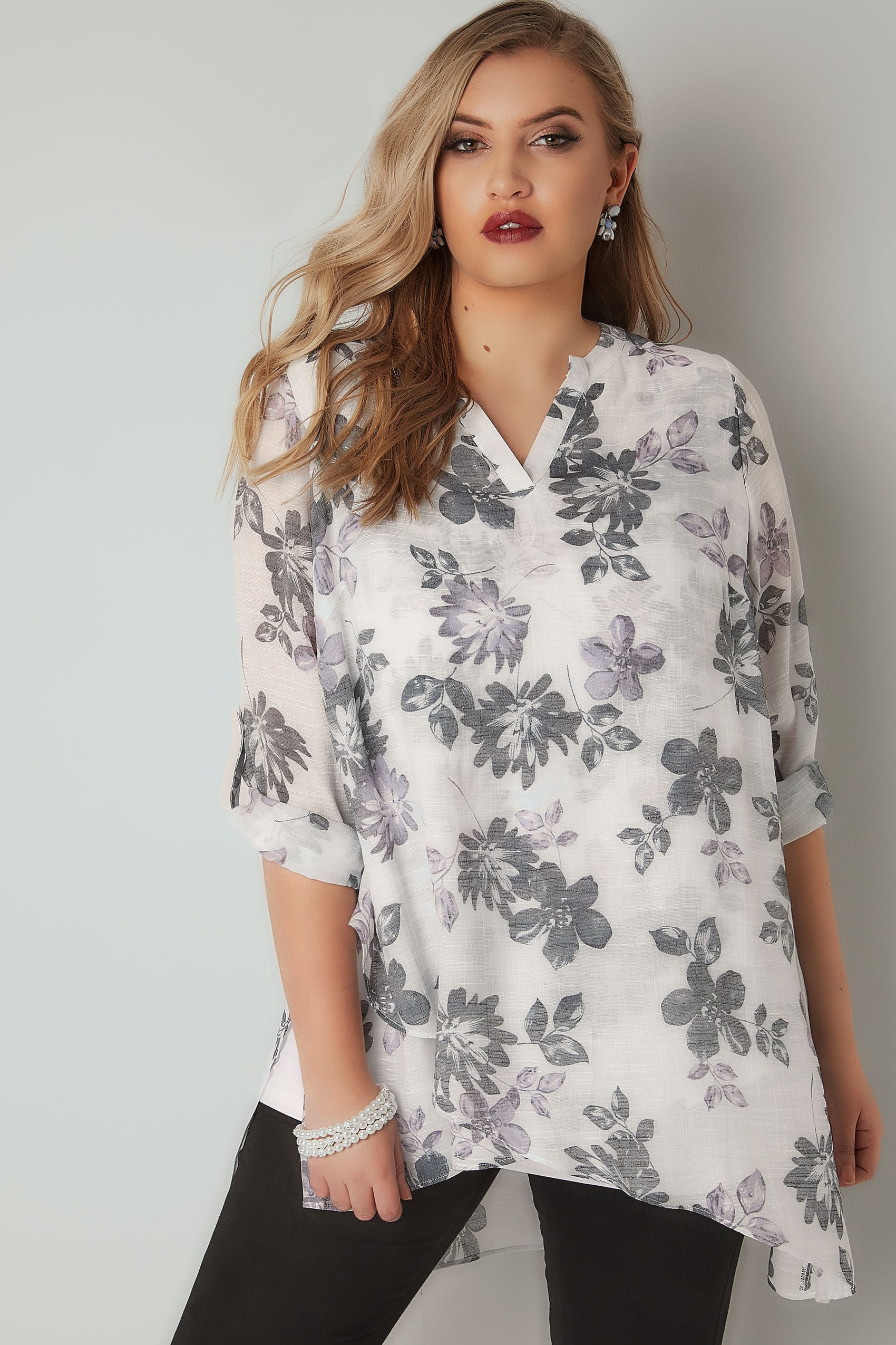 White, Purple & Grey Floral Print Layered Blouse With Notch Neck ...