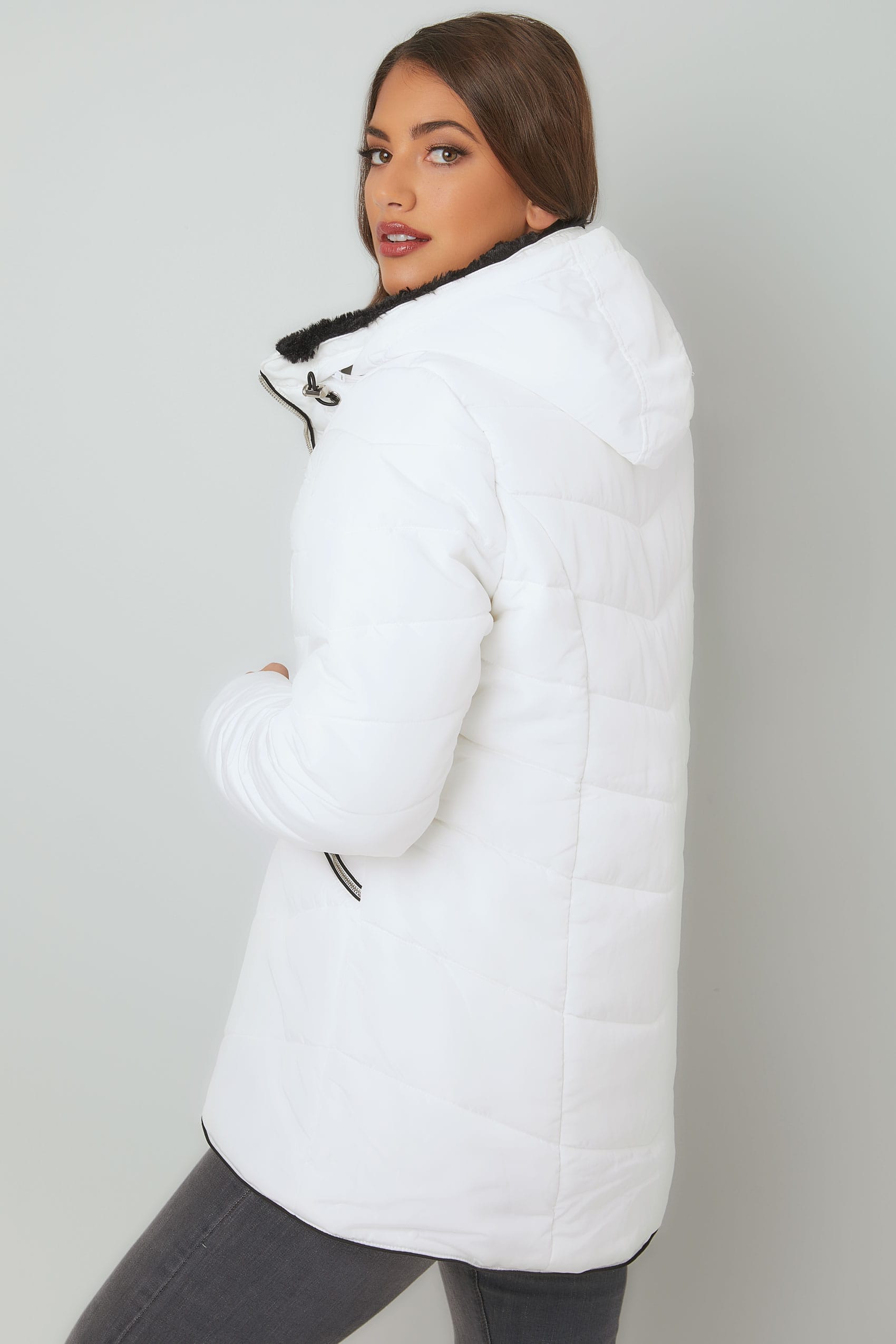 White Short Quilted Puffer Jacket With Foldaway Hood, Plus size 16 to 32
