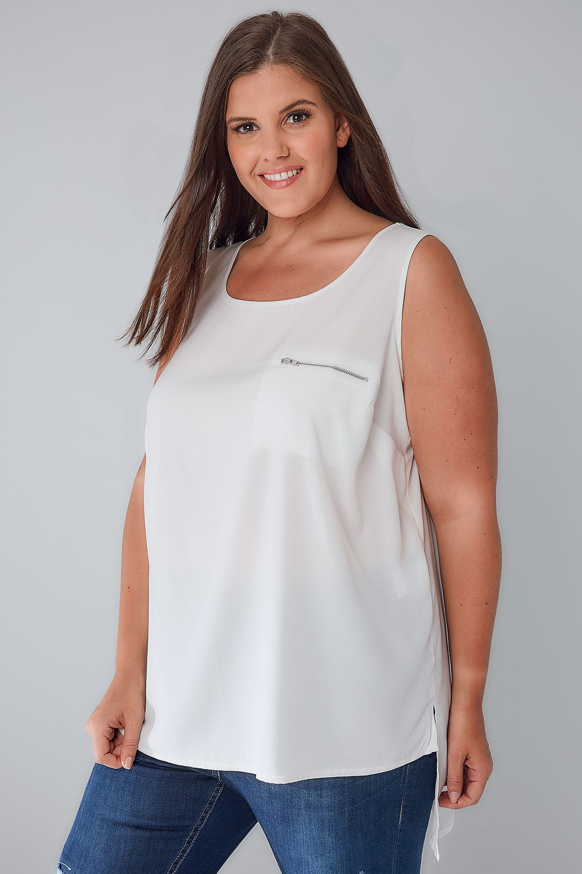 White Sleeveless Dipped Hem Top With Zip Pocket Detail