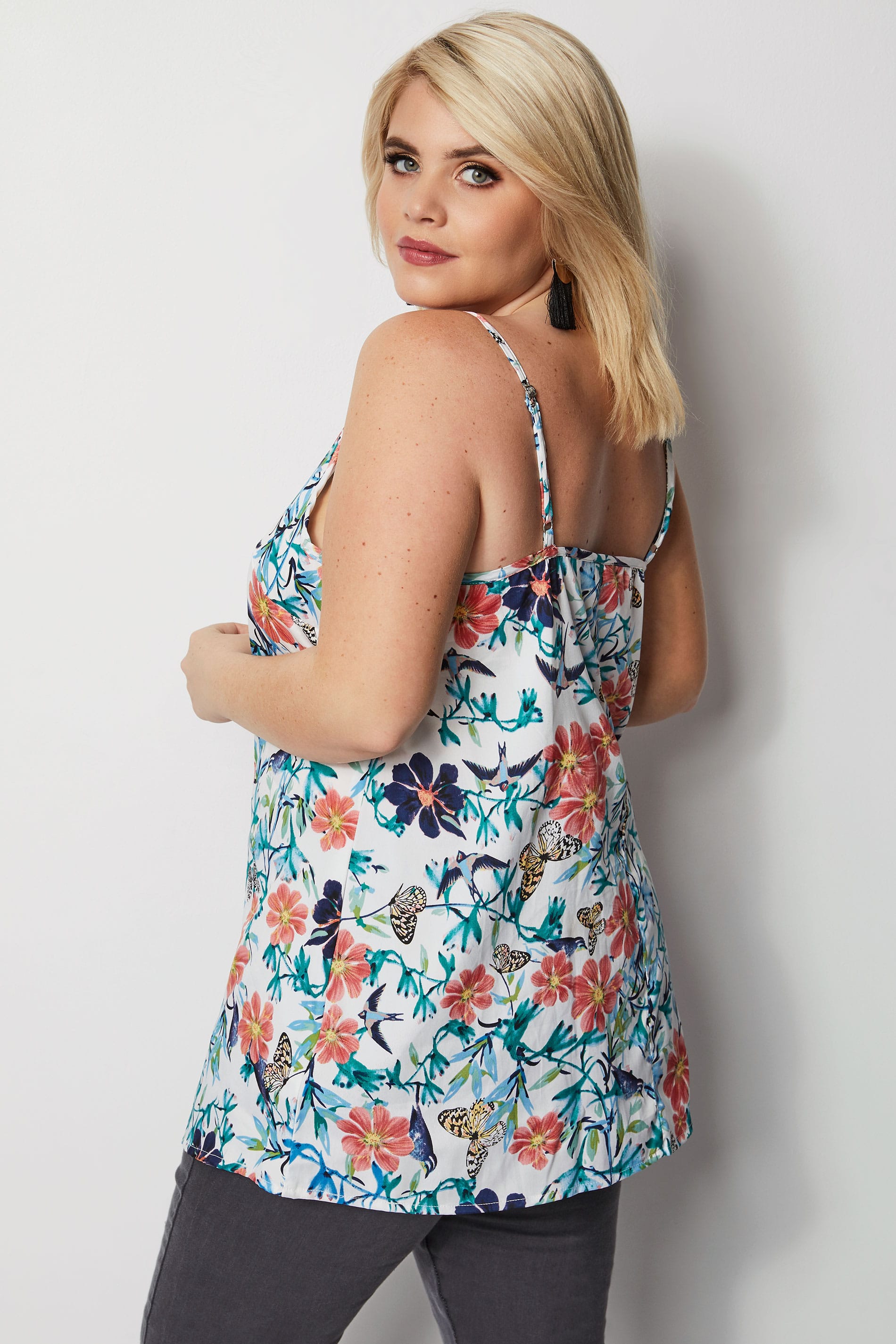 White Swallow & Butterfly Woven Cami Top, Plus size 20 to 28