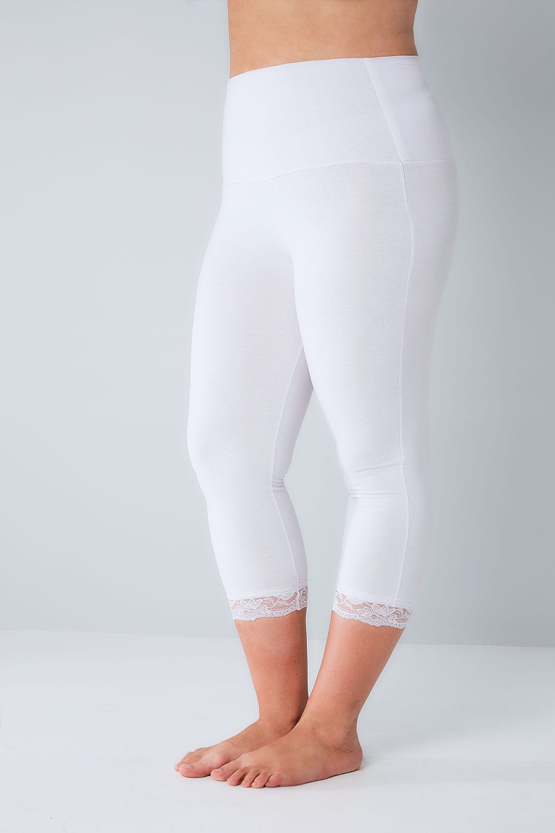 HUE White Lace Trim Pique Capri Leggings Size Small Wide Waistband U17509
