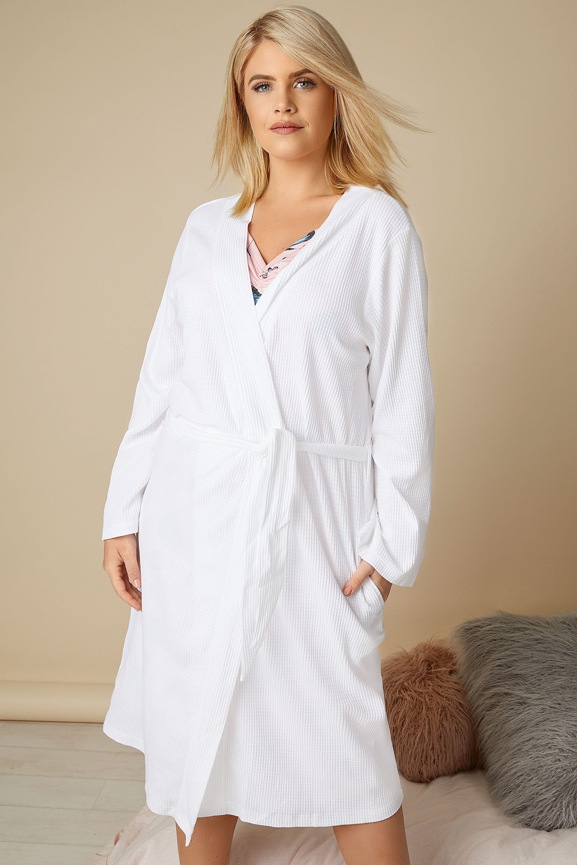 White Textured Cotton Dressing Gown With Pockets plus size 16 to 36