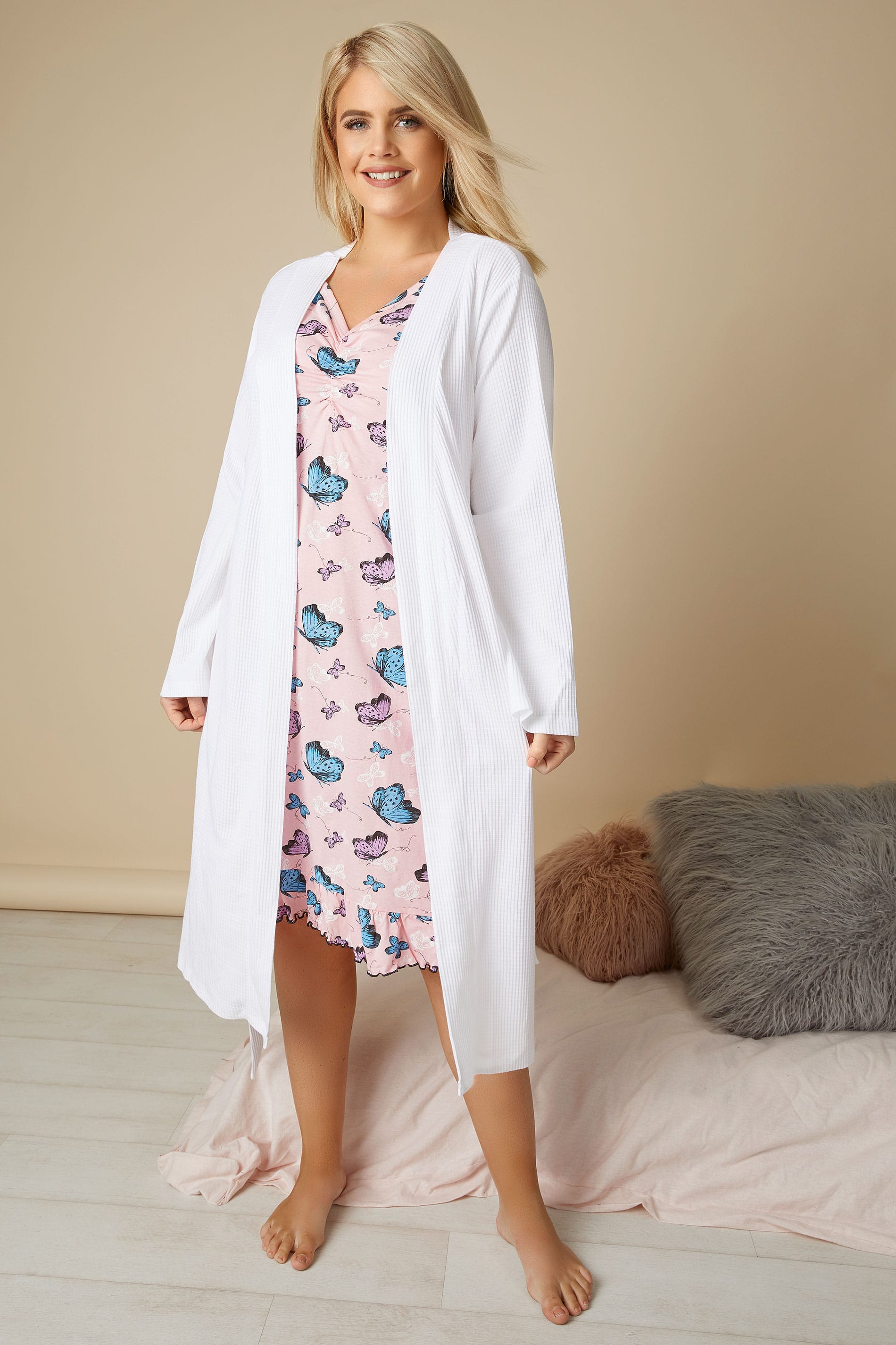 White Textured Cotton Dressing Gown With Pockets plus size
