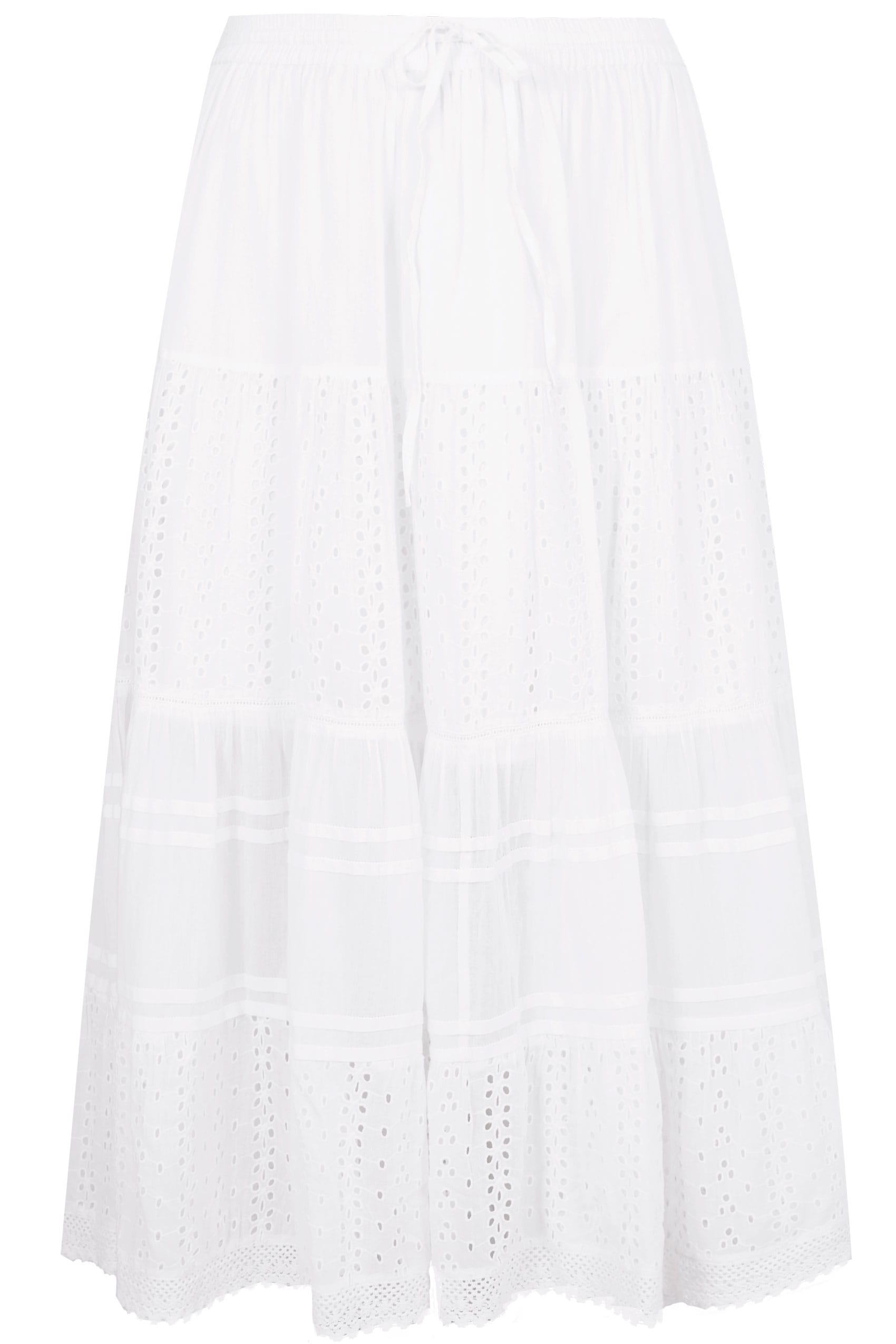 White Tiered Broderie Maxi Skirt, plus size 16 to 36