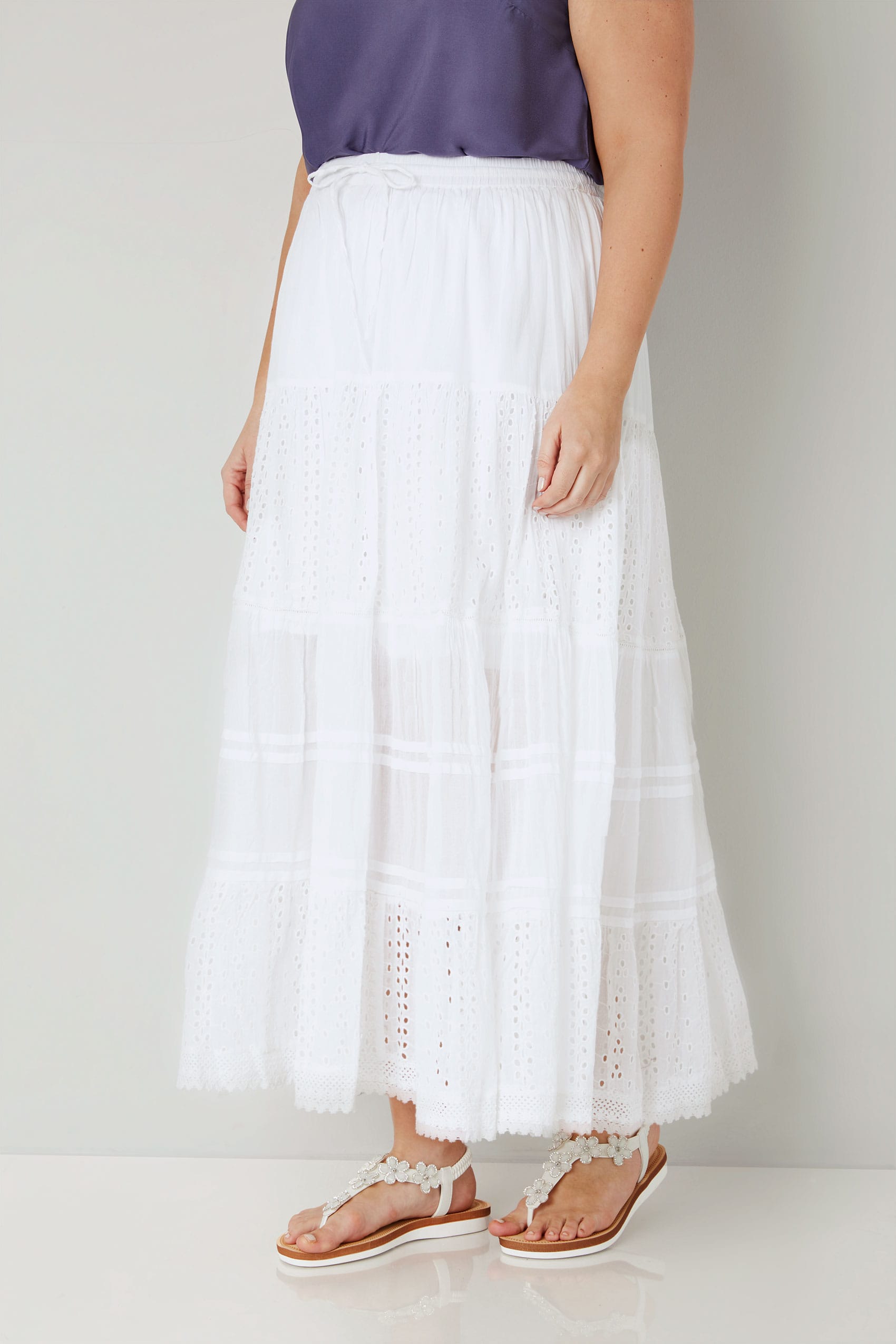 White Tiered Broderie Maxi Skirt, plus size 16 to 36