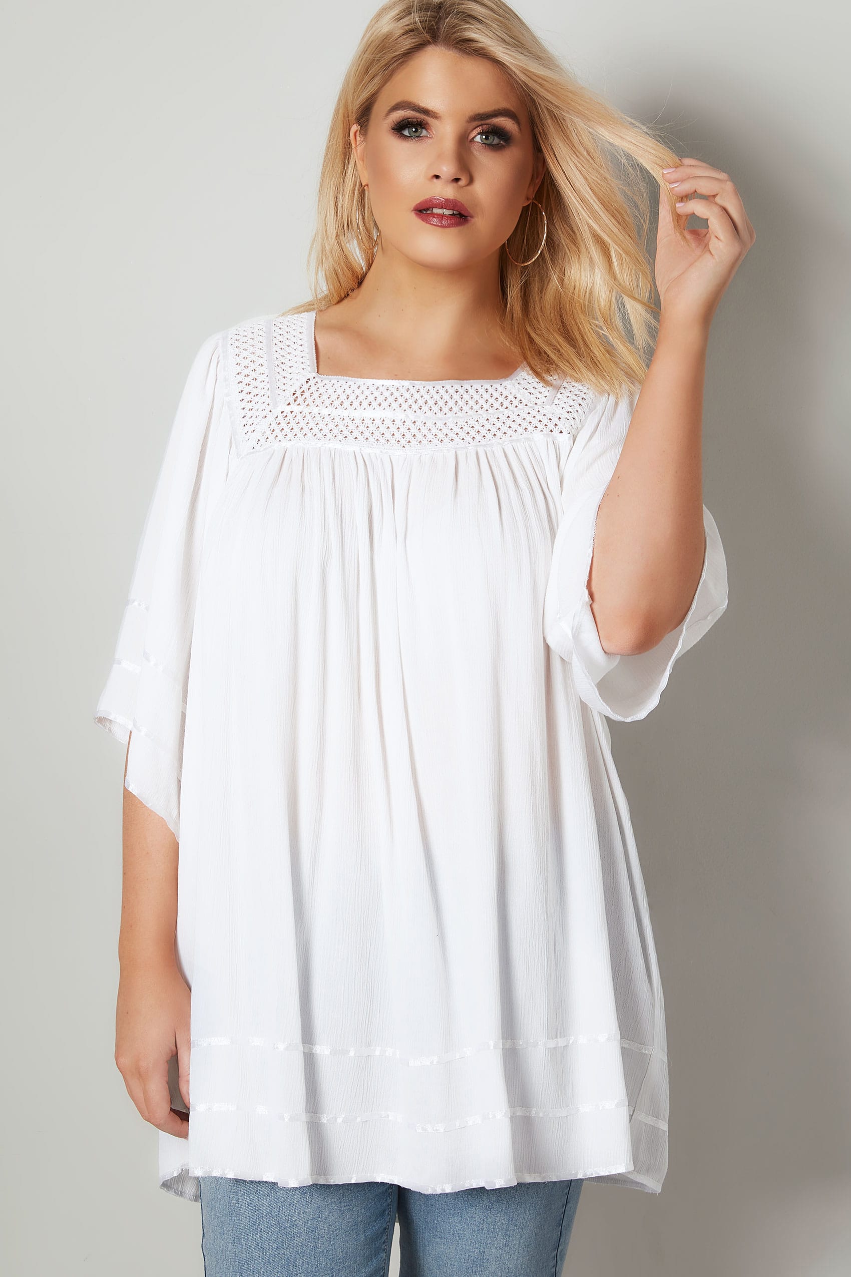 White Tipped Blouse With Crochet Neckline, plus size 16 to 36