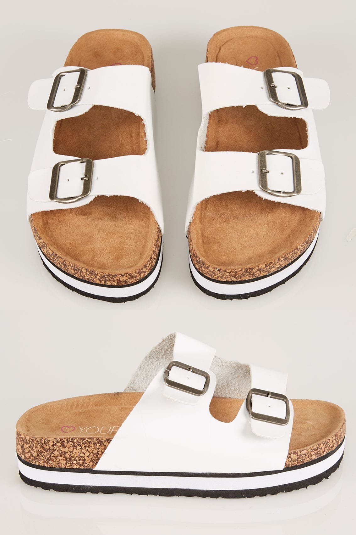 White Two Strap Cork Effect Platform Sandals In A EEE Fit 4EEE,5EEE