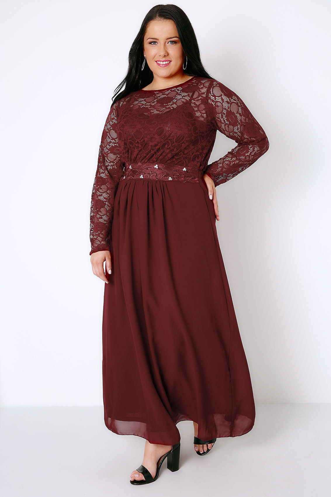 Wine Lace Maxi Dress With Embellished Waist, Plus Size 16 to 32