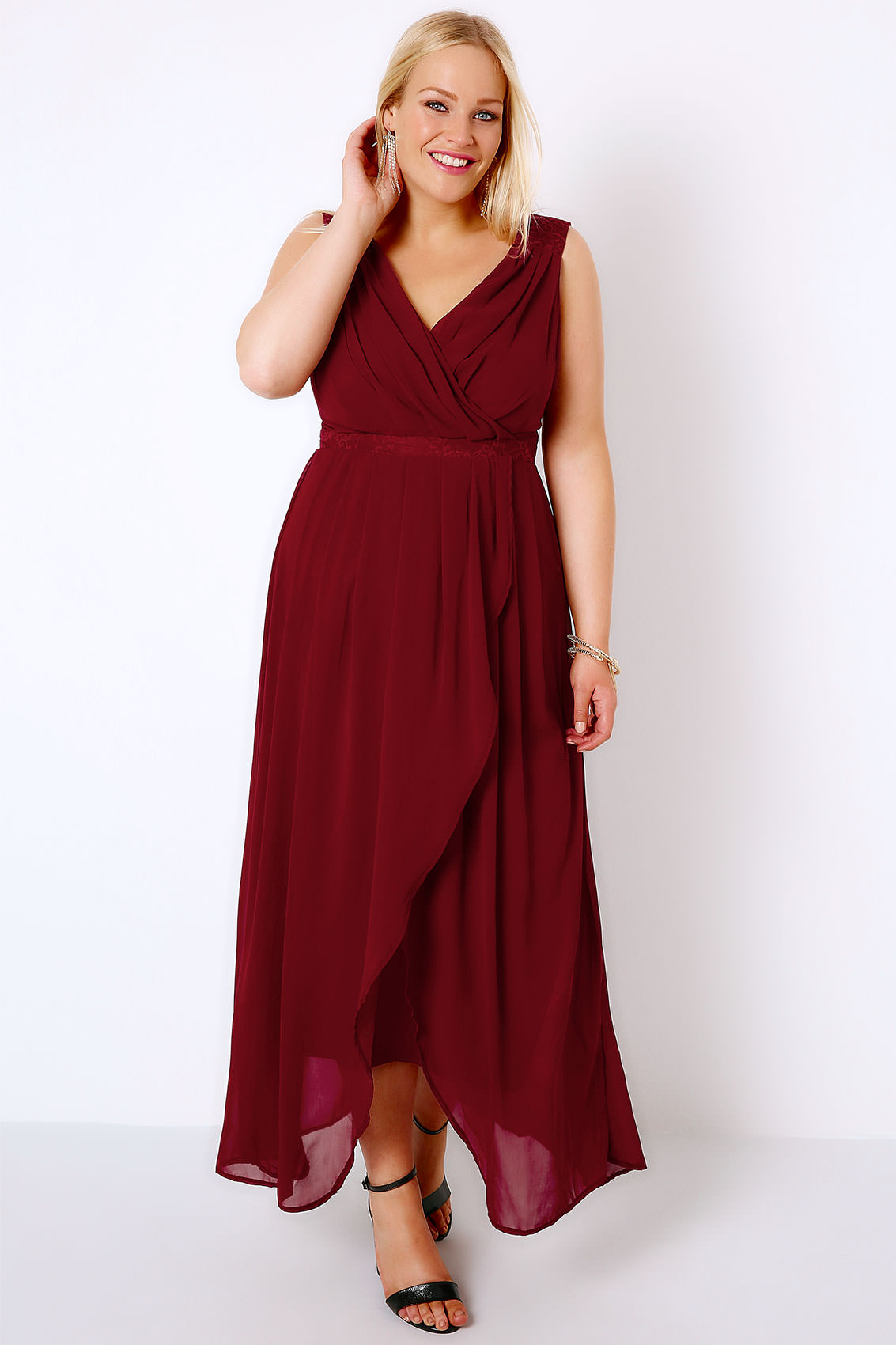 Wine Ruched Chiffon Maxi Wrap Dress With Lace Detail Plus Size 16 To 36