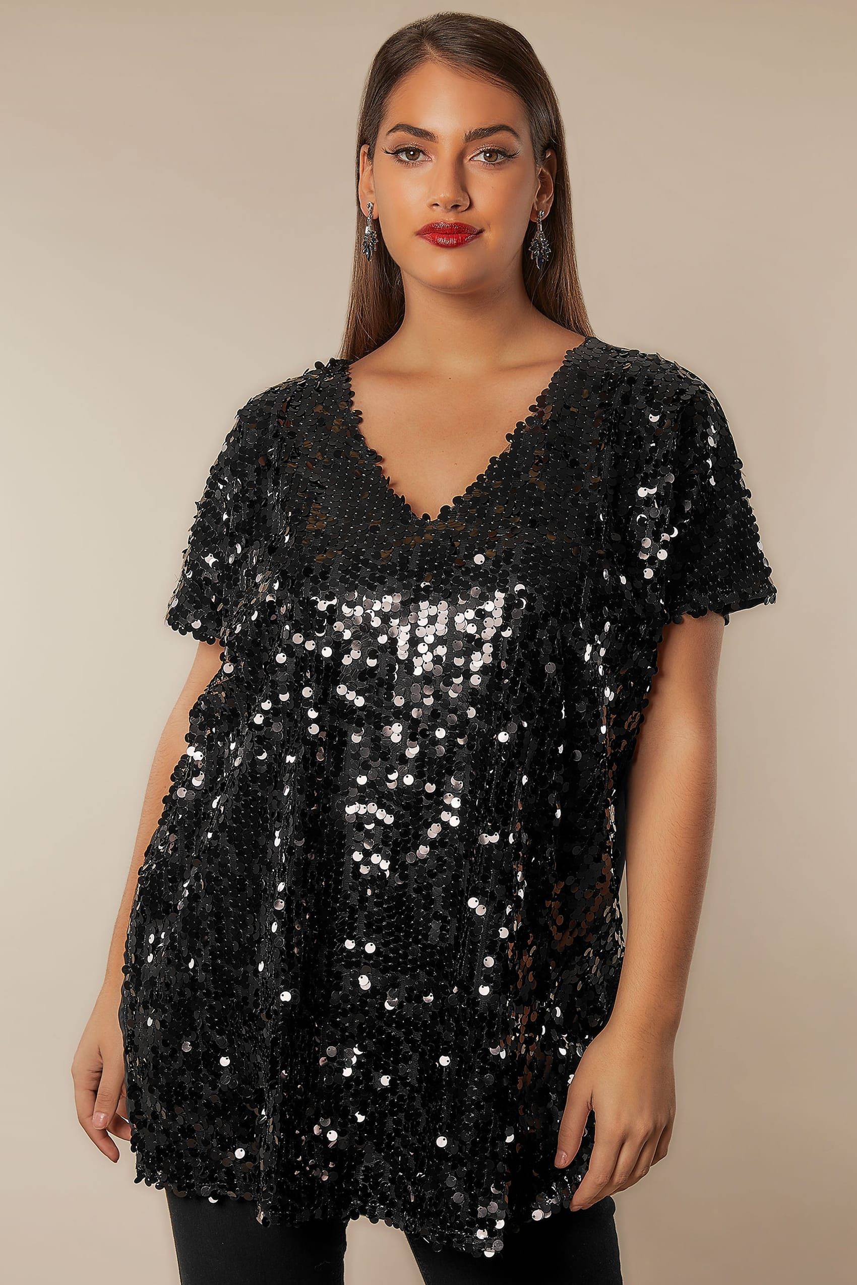 Black Disc Sequin Cape Top, Plus size 16 to 32