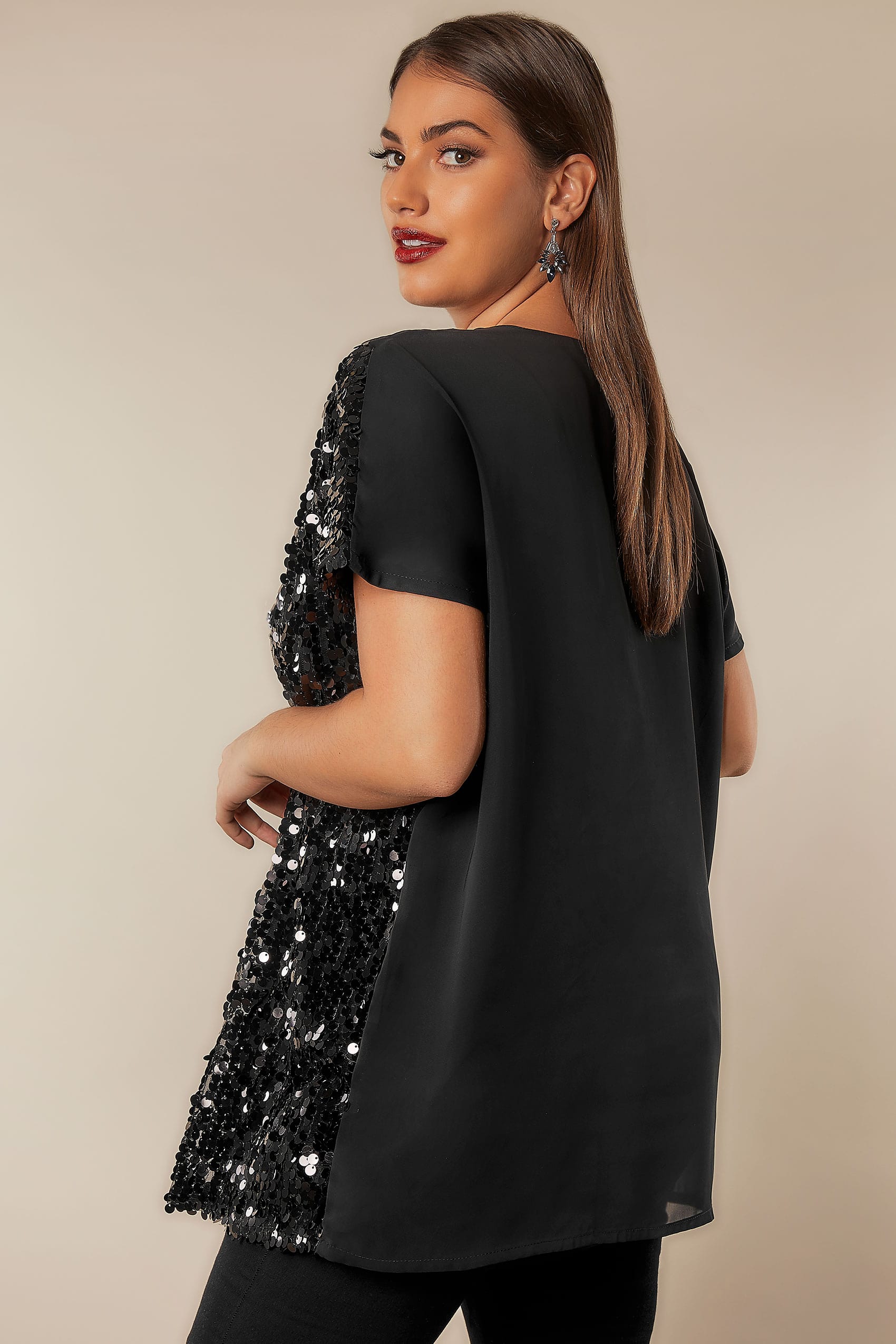 Black Disc Sequin Cape Top, Plus size 16 to 32