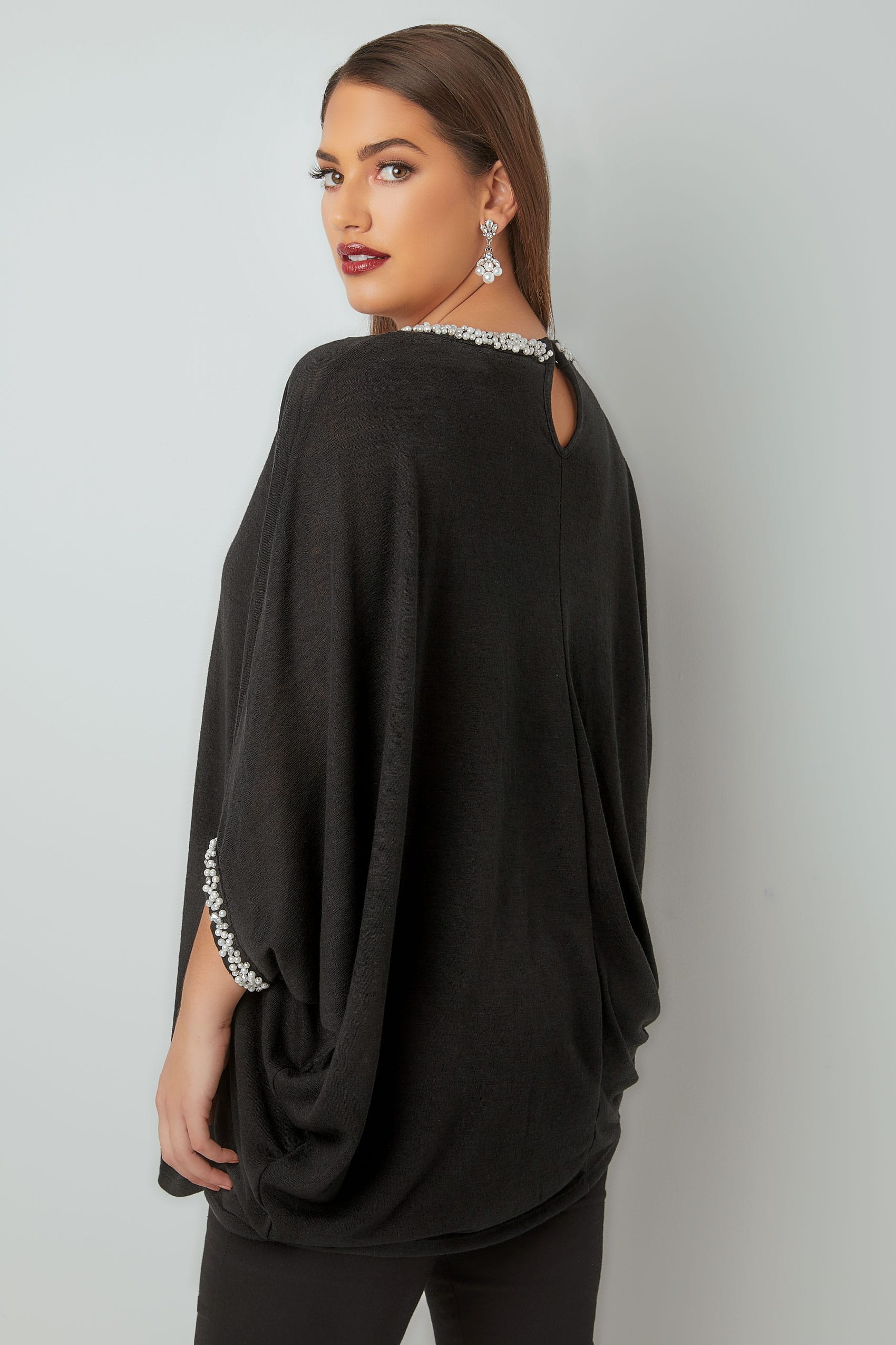 Black Fine Knit Cape Top With Faux Pearl & Diamante Trim, Plus size 16 ...