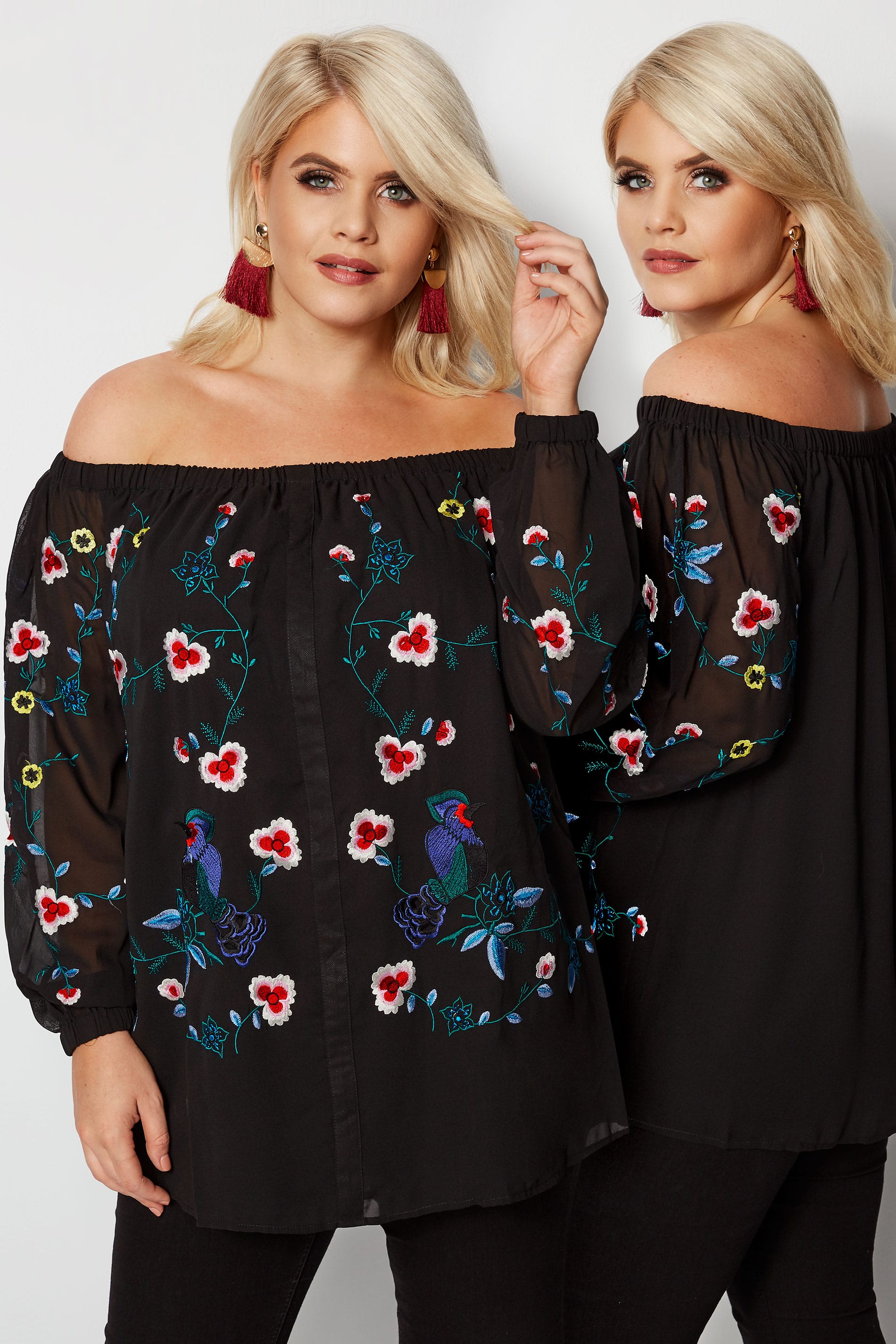 Yours London Black Floral Embroidered Bardot Top Plus Size 16 To 32